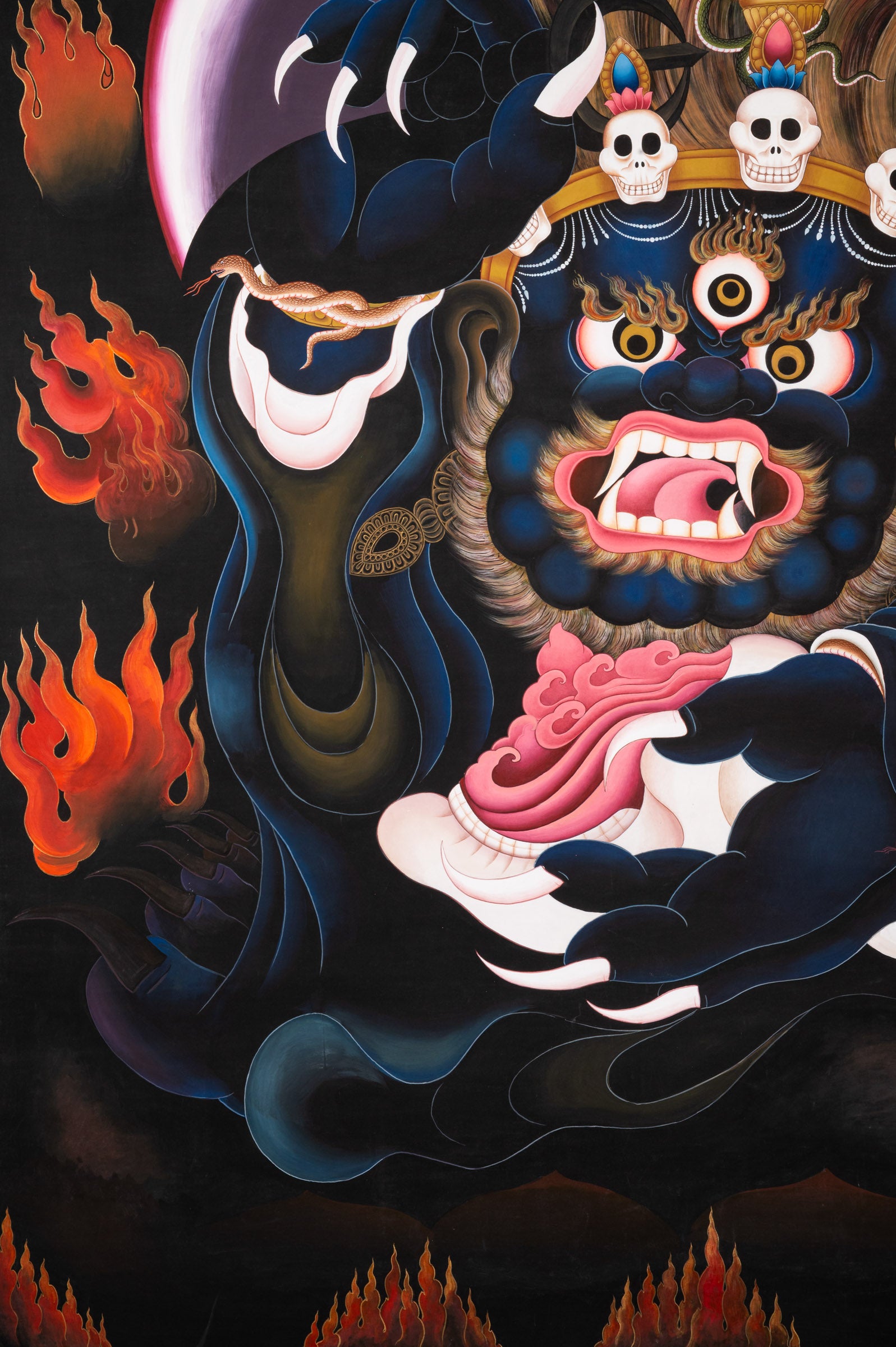 Short Kagyu Mahakala Thangka depicting the wrathful Dharma Protector Mahakala with raised curved chopper, skull crown, flaming hair, and blazing aura, embodying fierce compassion and protection in traditional hand-painted Tibetan Buddhist art.