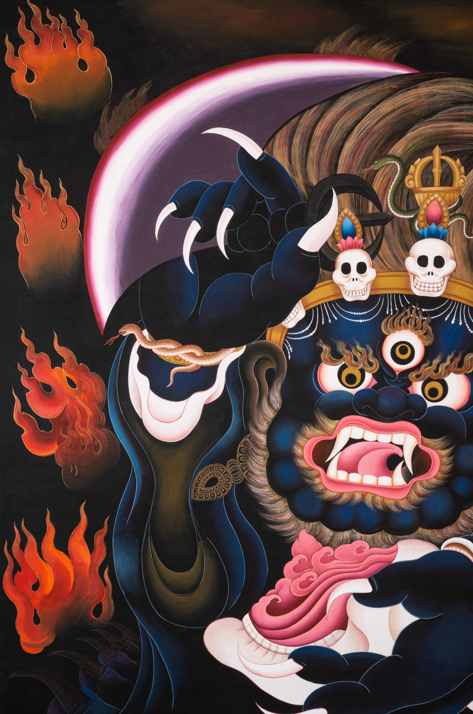 Short Kagyu Mahakala Thangka depicting the wrathful Dharma Protector Mahakala with raised curved chopper, skull crown, flaming hair, and blazing aura, embodying fierce compassion and protection in traditional hand-painted Tibetan Buddhist art.
