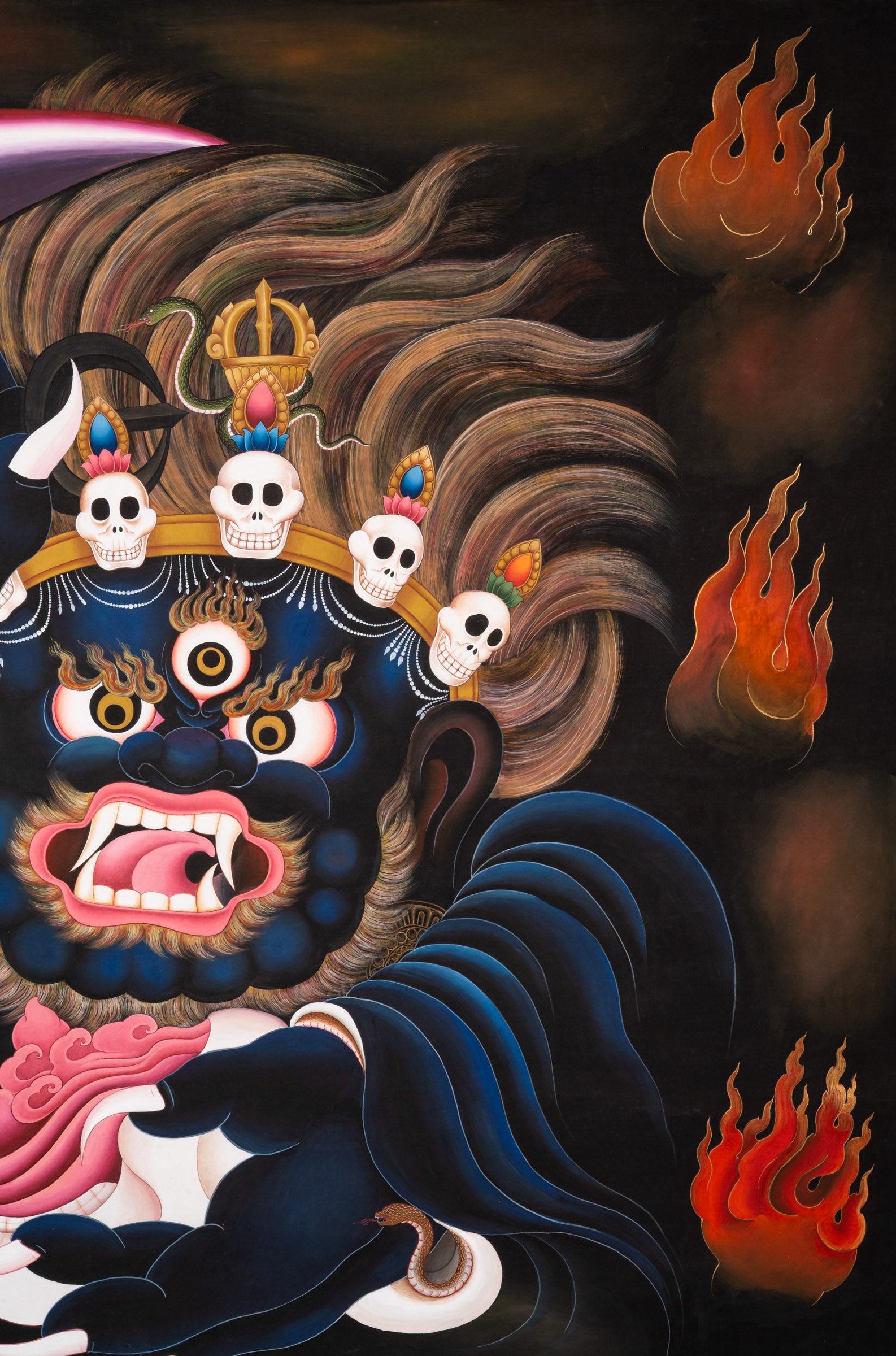 Short Kagyu Mahakala Thangka depicting the wrathful Dharma Protector Mahakala with raised curved chopper, skull crown, flaming hair, and blazing aura, embodying fierce compassion and protection in traditional hand-painted Tibetan Buddhist art.