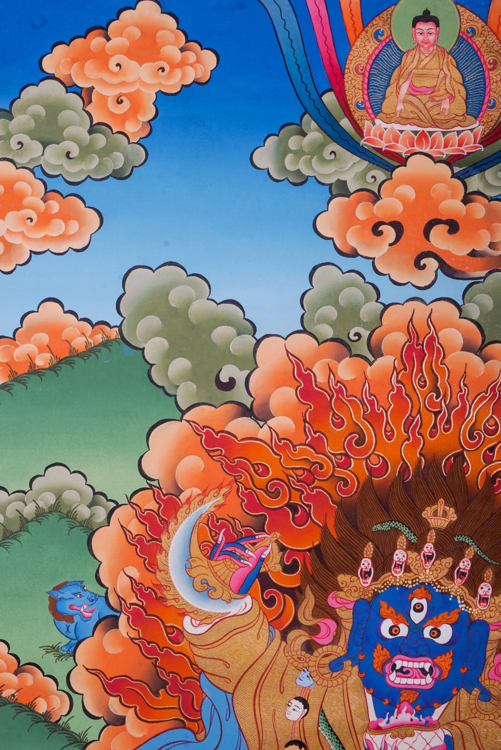 Meticulously hand-painted artwork of Mahakala Thangka also known as Dharmapala, the protector of the dharma.
