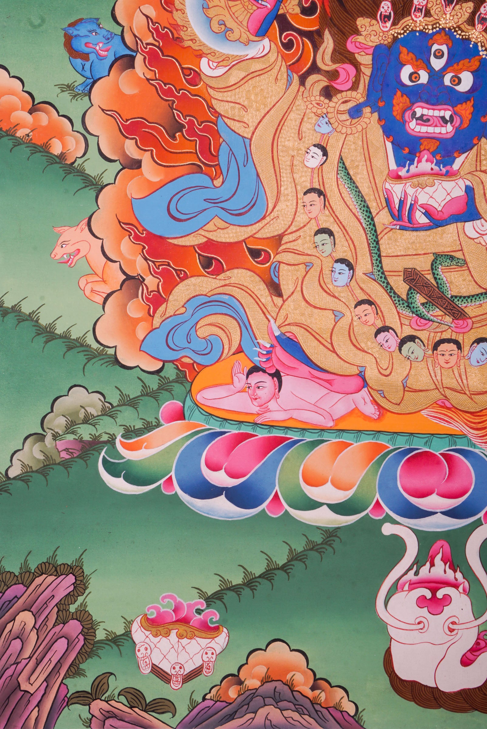 Meticulously hand-painted artwork of Mahakala Thangka also known as Dharmapala, the protector of the dharma.