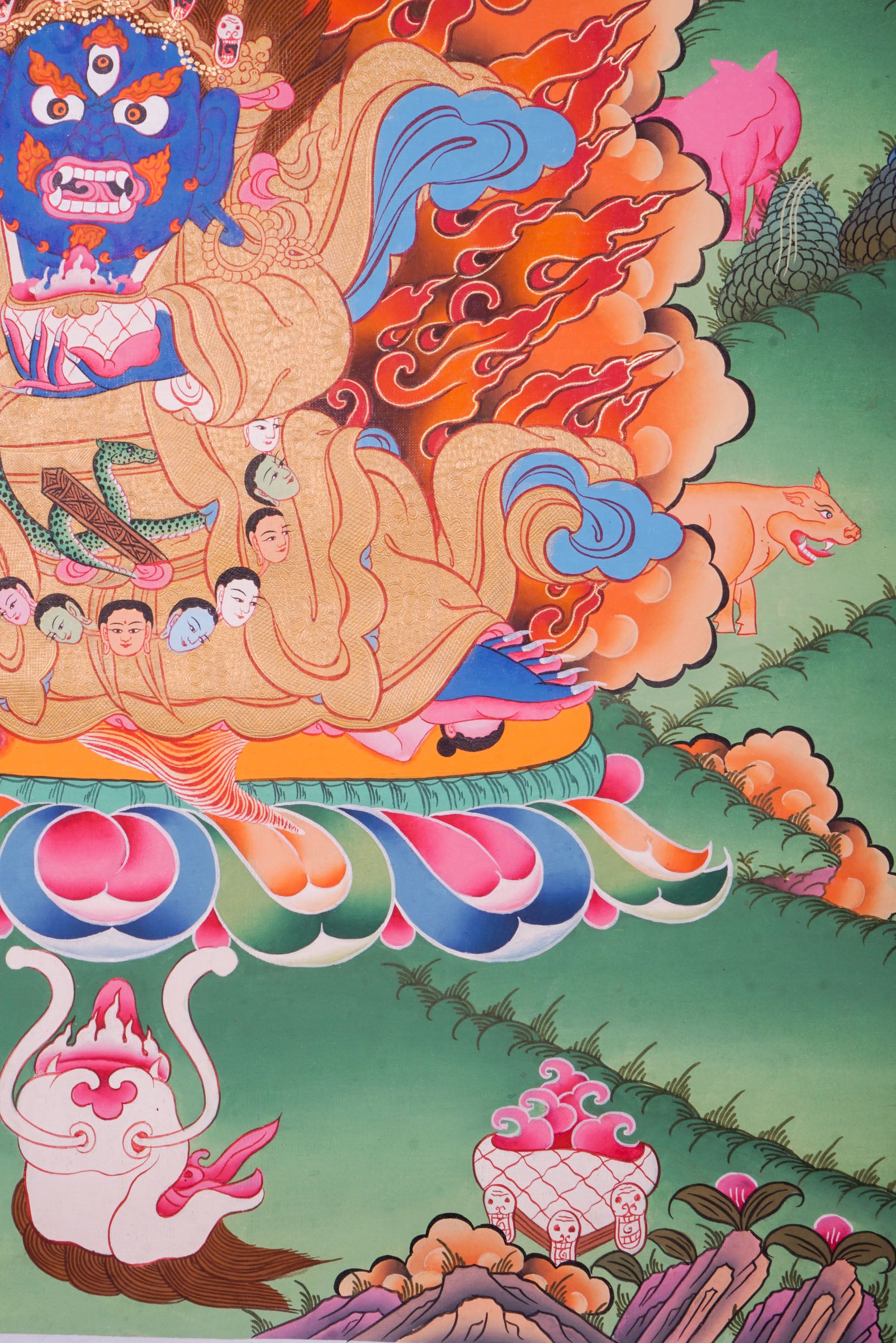 Meticulously hand-painted artwork of Mahakala Thangka also known as Dharmapala, the protector of the dharma.