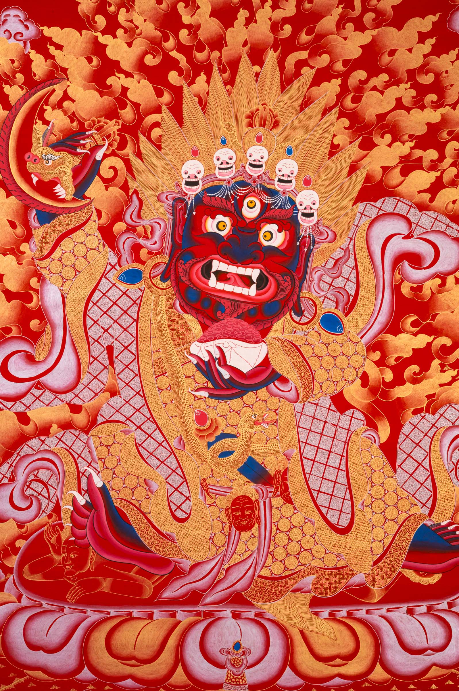 Red Mahakala Tibetan Thangka – Wrathful Deity of Kagyu Tradition
