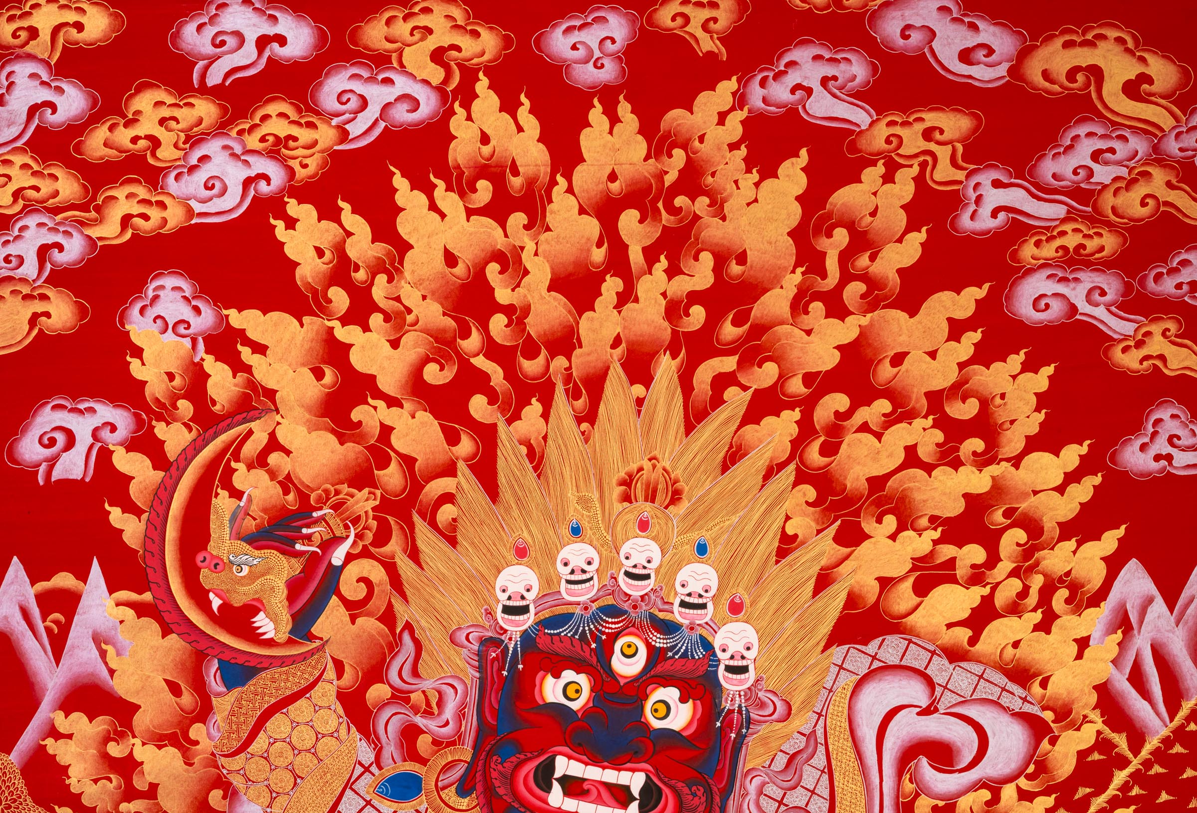 Red Mahakala Tibetan Thangka – Wrathful Deity of Kagyu Tradition
