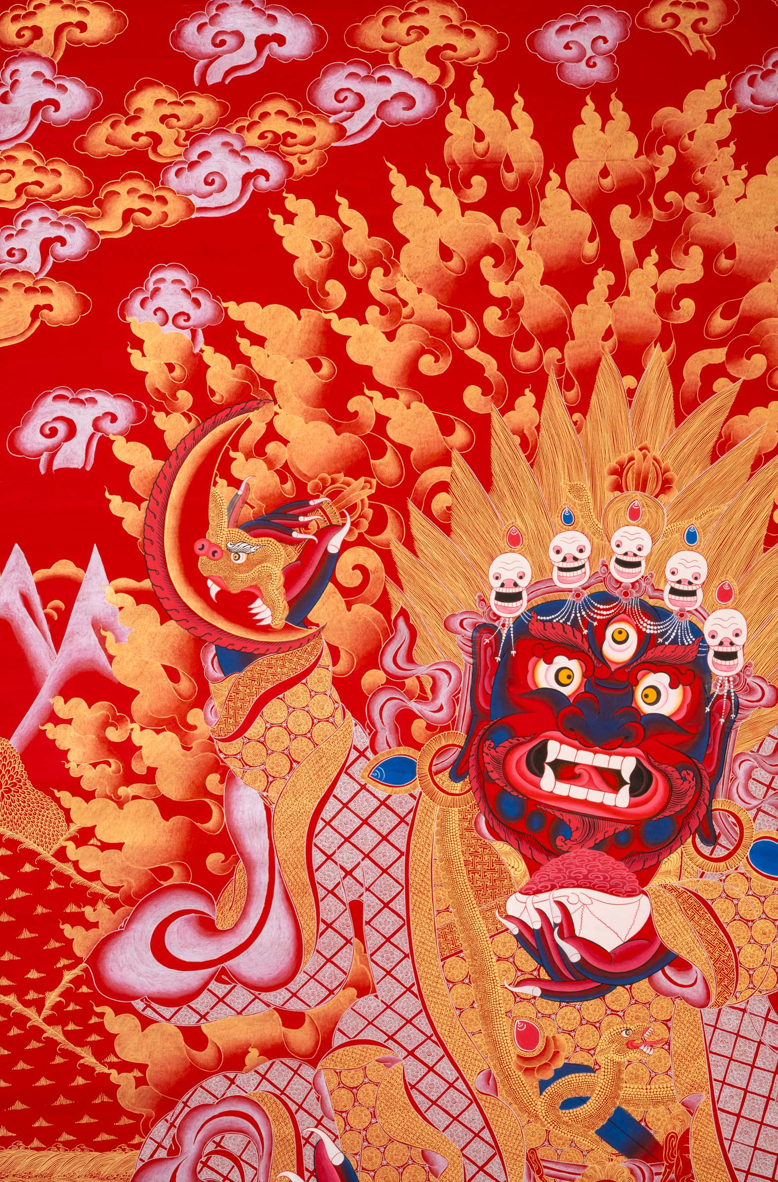 Red Mahakala Tibetan Thangka – Wrathful Deity of Kagyu Tradition