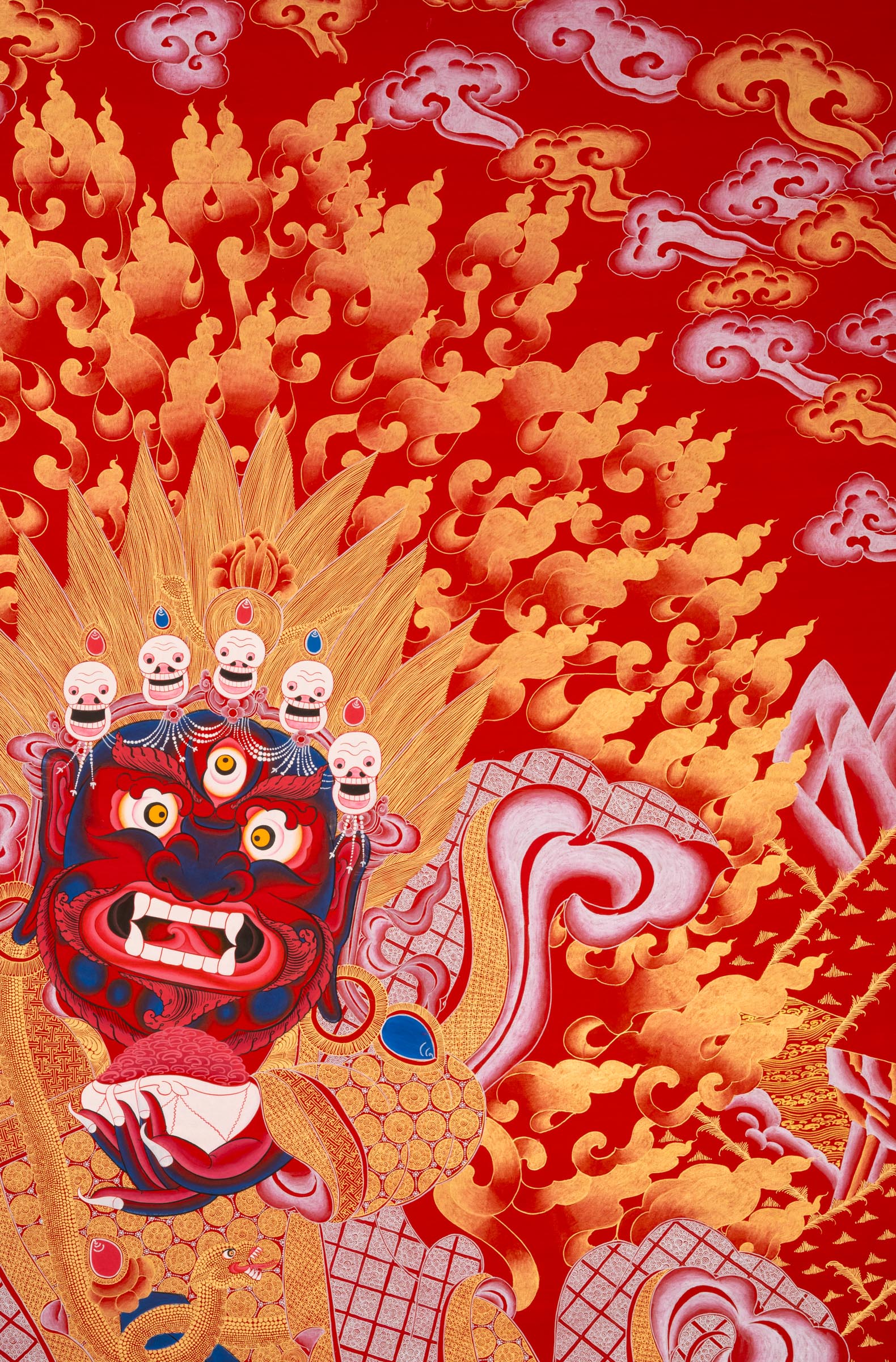 Red Mahakala Tibetan Thangka – Wrathful Deity of Kagyu Tradition