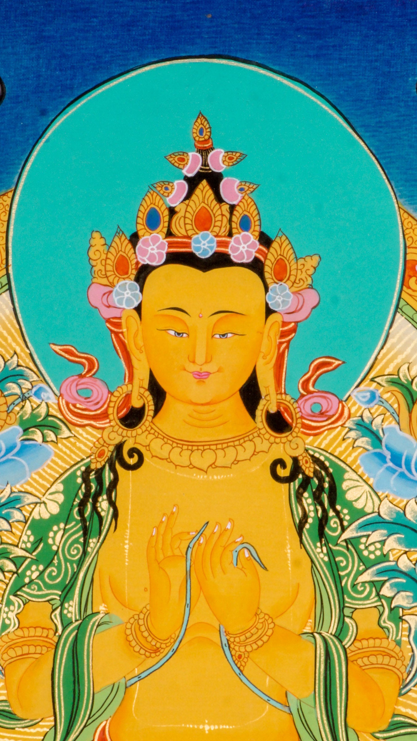 A sacred hand-painted Tibetan Buddhist artwork honoring Maitreya, the Buddha who will come in the future.