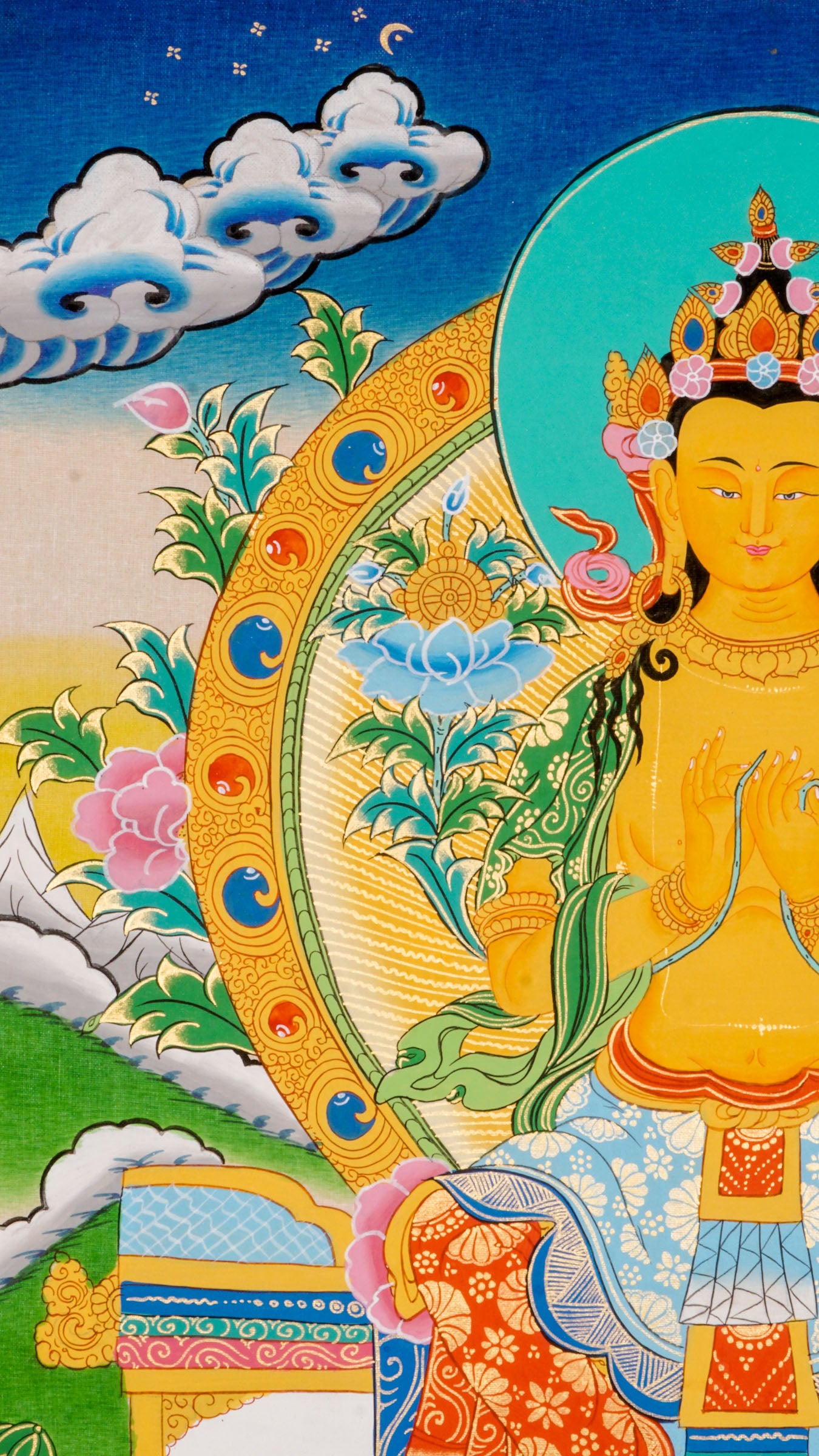 A sacred hand-painted Tibetan Buddhist artwork honoring Maitreya, the Buddha who will come in the future.