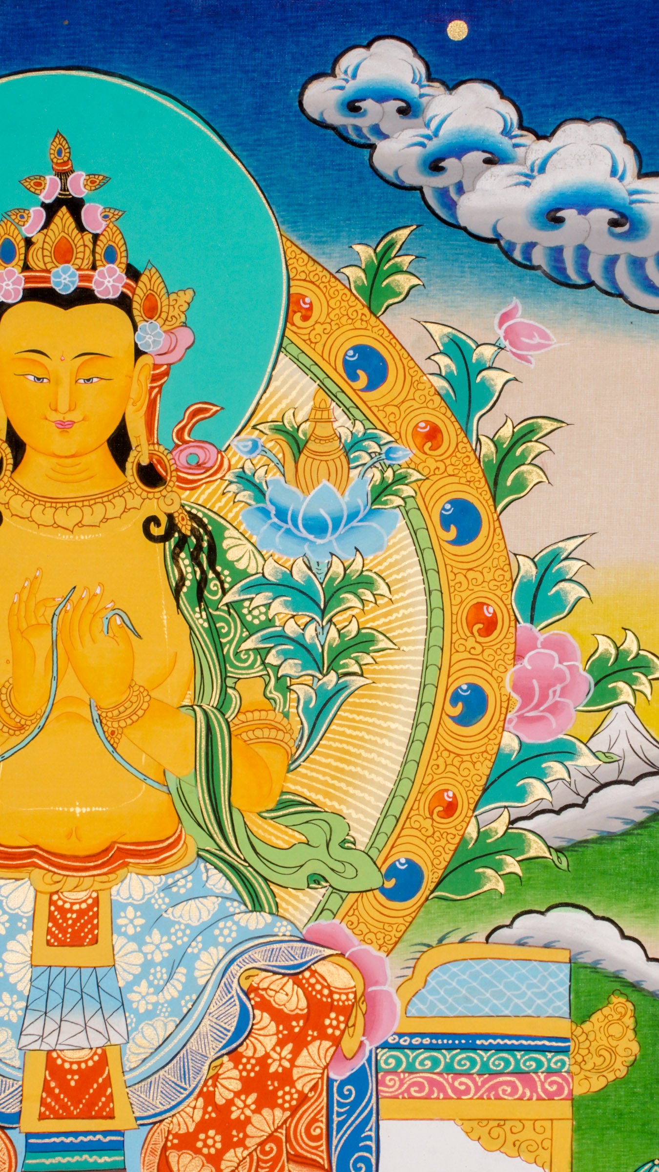 A sacred hand-painted Tibetan Buddhist artwork honoring Maitreya, the Buddha who will come in the future.