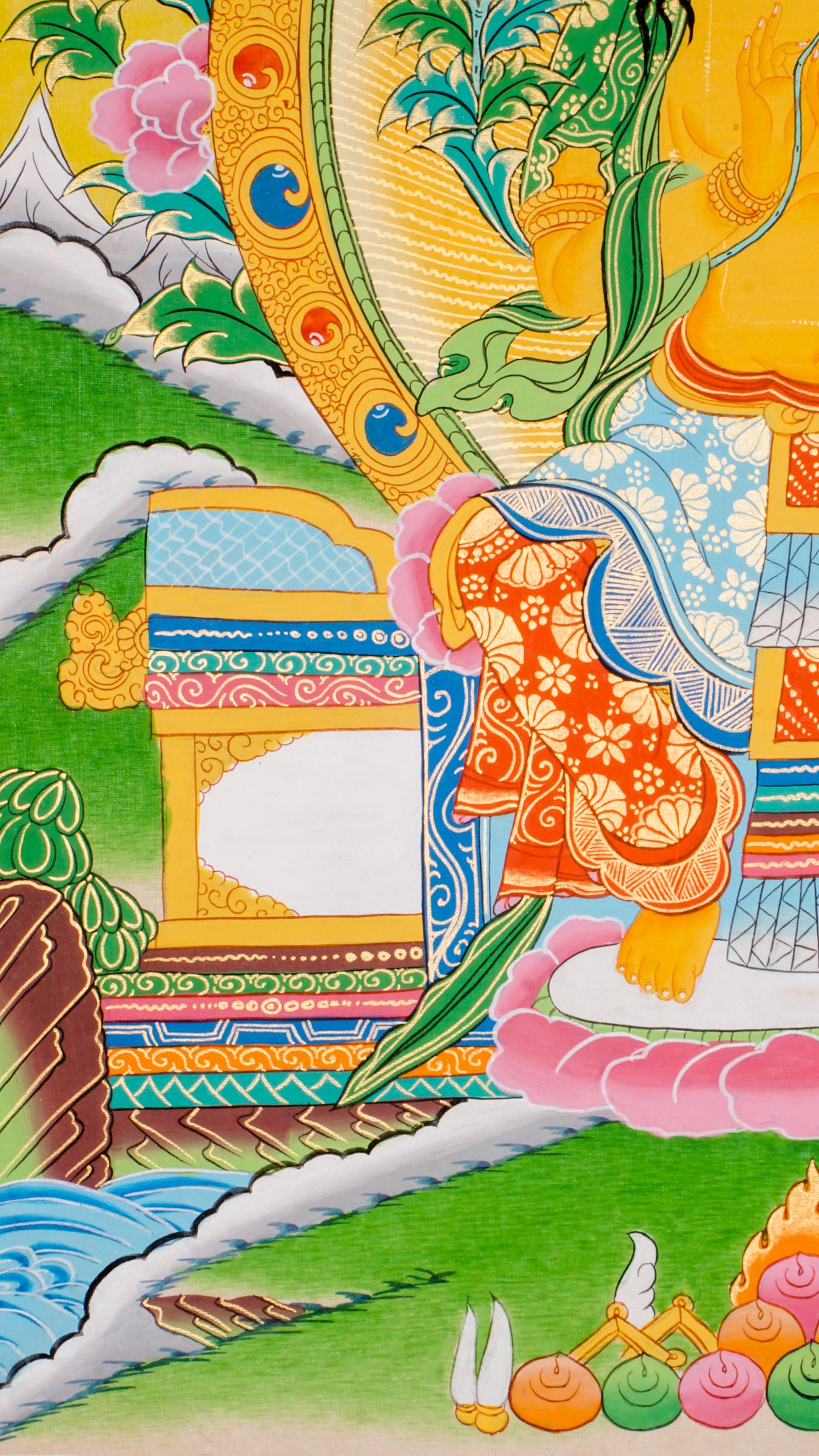 A sacred hand-painted Tibetan Buddhist artwork honoring Maitreya, the Buddha who will come in the future.