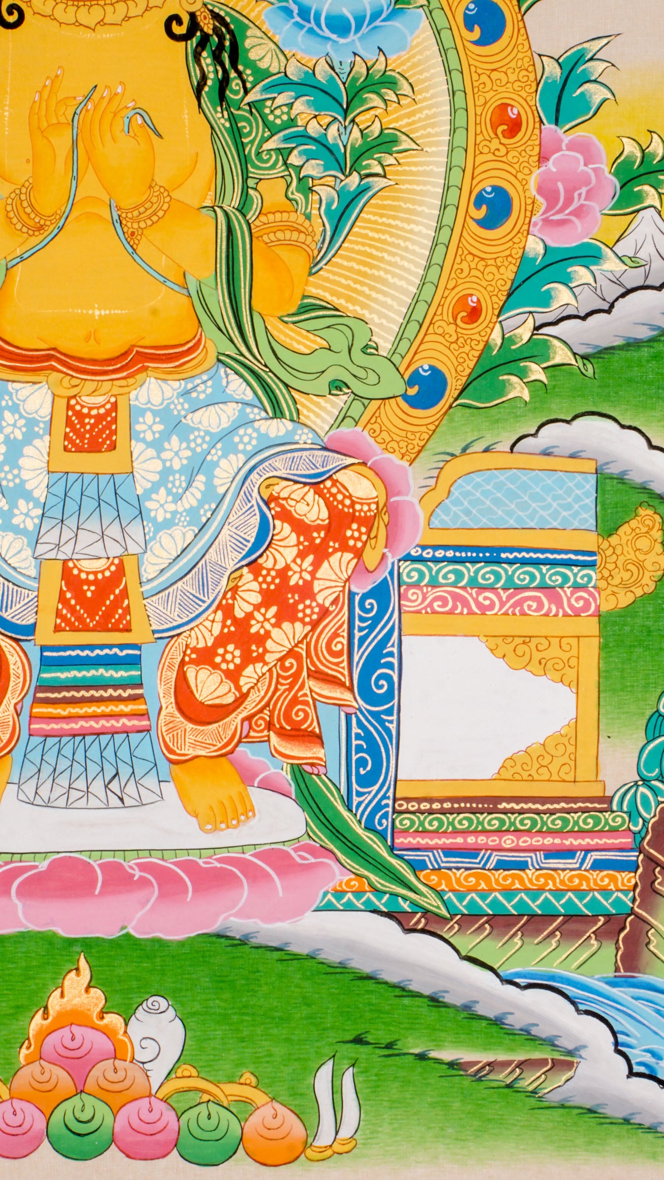 A sacred hand-painted Tibetan Buddhist artwork honoring Maitreya, the Buddha who will come in the future.