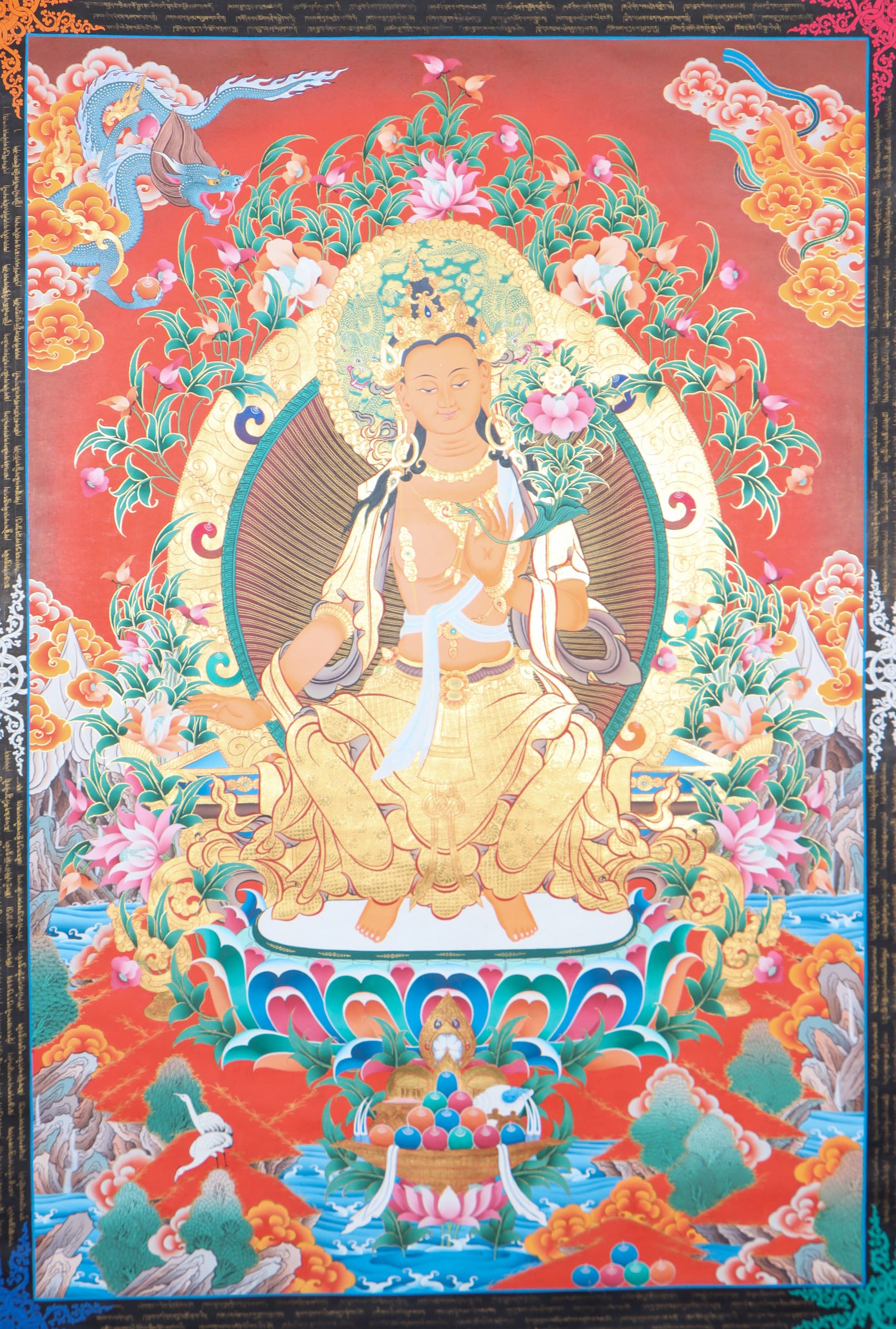 Maitreya Buddha, the Future Buddha and symbol of universal love and compassion, is believed to bring enlightenment and peace to the world in times to come. This genuine hand-painted Maitreya Thangka, crafted using natural mineral pigments, radiates serenity and spiritual hope, making it a powerful addition to your meditation space or altar.