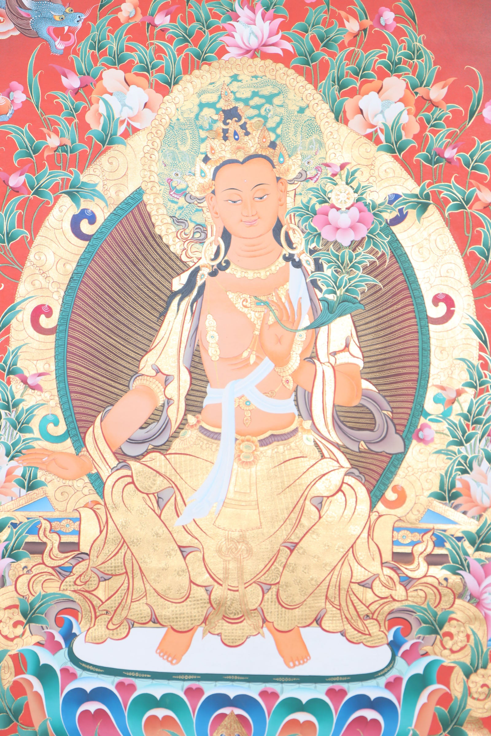 Maitreya Buddha, the Future Buddha and symbol of universal love and compassion, is believed to bring enlightenment and peace to the world in times to come. This genuine hand-painted Maitreya Thangka, crafted using natural mineral pigments, radiates serenity and spiritual hope, making it a powerful addition to your meditation space or altar.