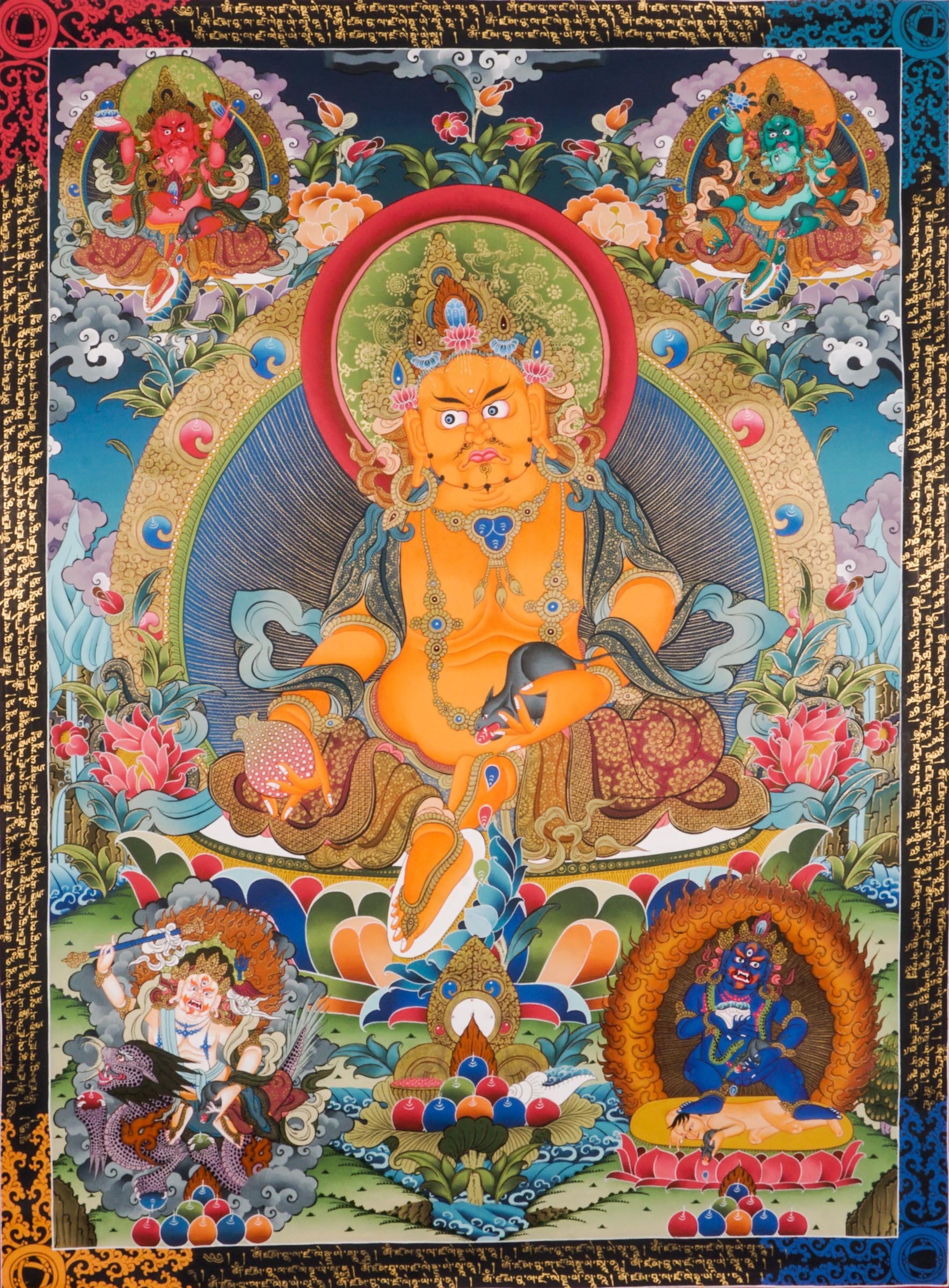 Genuine Tibetan Buddhist Zambala Thangka. Symbol of wealth, prosperity, and protection. Hand-painted with rich colors and details. Perfect for meditation, altar, or sacred space. Invites abundance and removes obstacles.