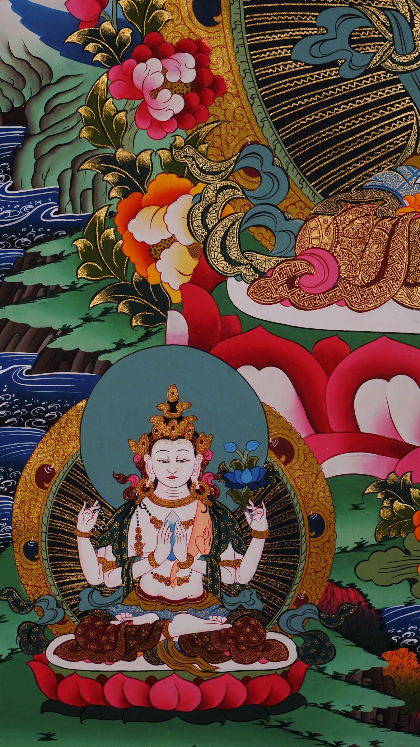 Hand painted Manjushri thangka from Kathmandu, Nepal, depicting the Bodhisattva of wisdom seated on a lotus throne holding a flaming sword and sutra on lotus, with Chenrezig, Mahakala, and Five Dhyani Buddhas, in traditional Tibetan Vajrayana style with 24k gold.