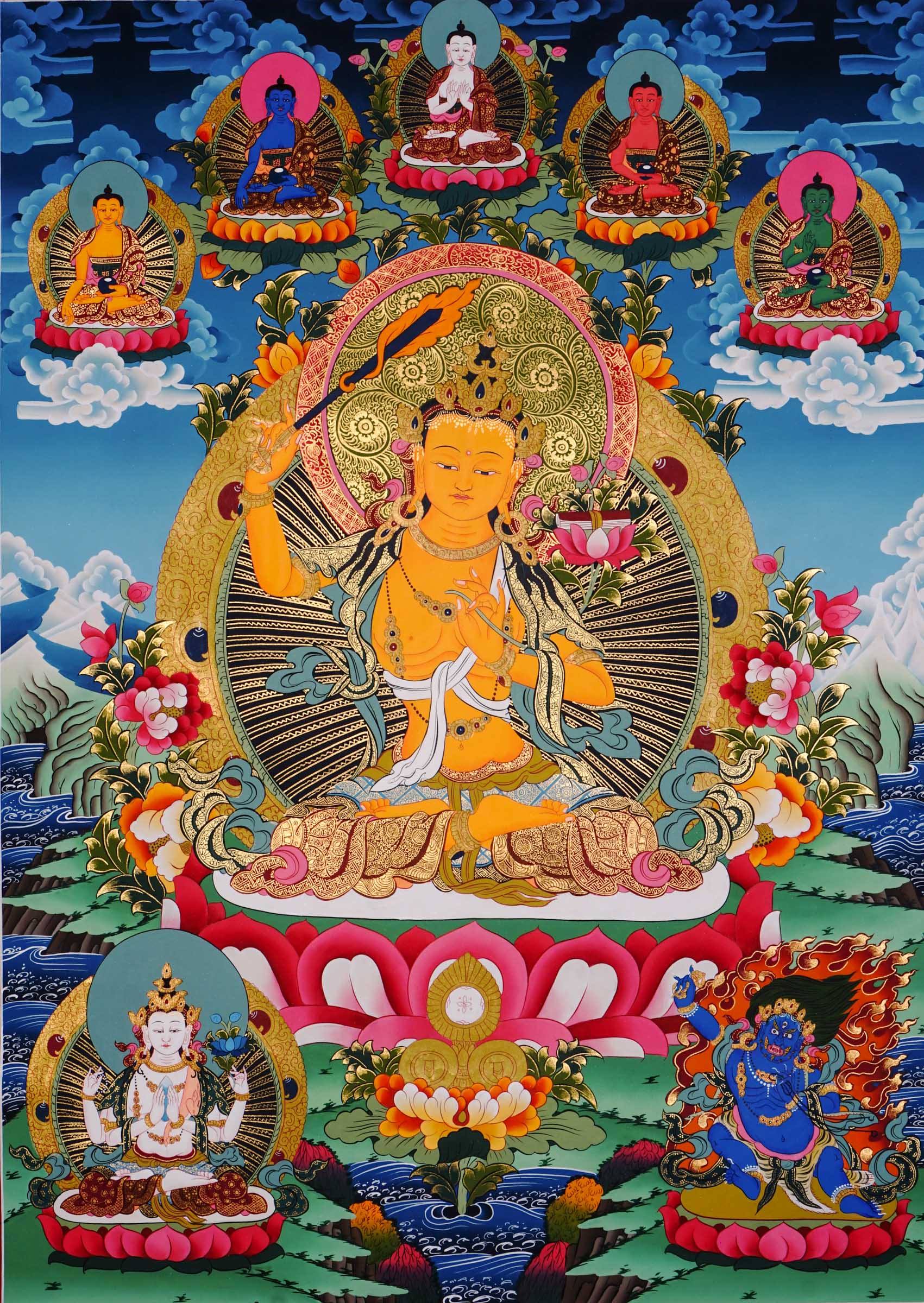 Hand painted Manjushri thangka from Kathmandu, Nepal, depicting the Bodhisattva of wisdom seated on a lotus throne holding a flaming sword and sutra on lotus, with Chenrezig, Mahakala, and Five Dhyani Buddhas, in traditional Tibetan Vajrayana style with 24k gold.