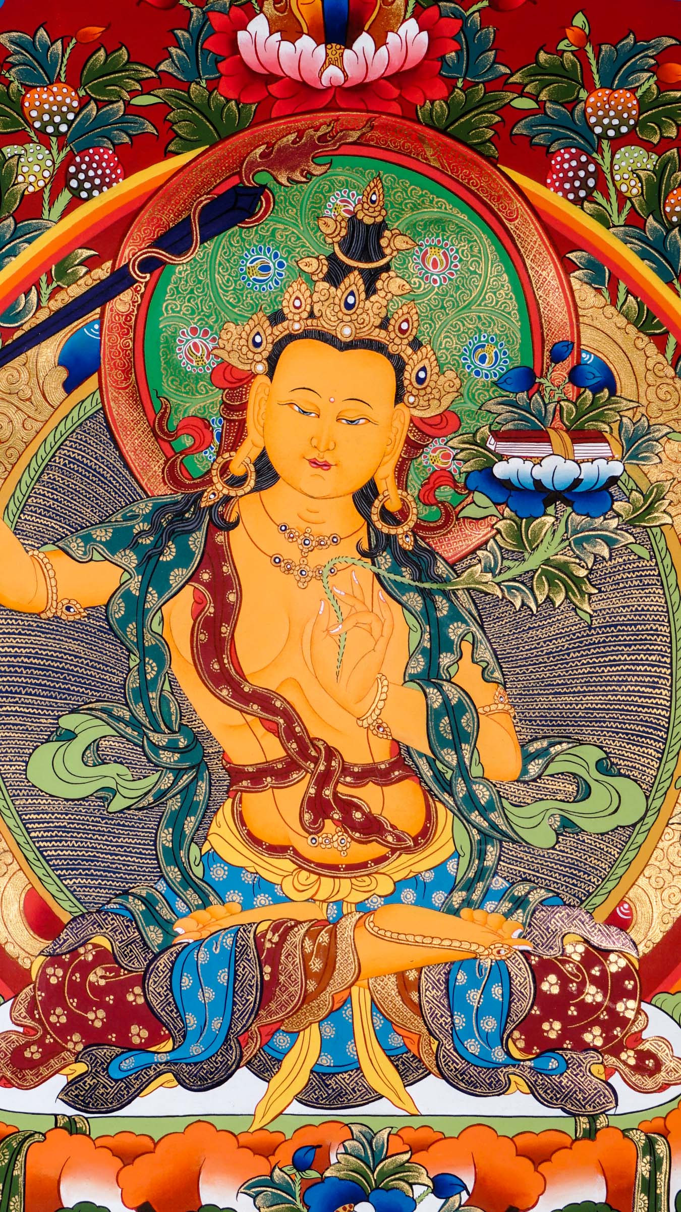 Tibetan thangka of Manjushree seated on a lotus throne holding a flaming sword and Prajnaparamita sutra, surrounded by a radiant halo and serene background.