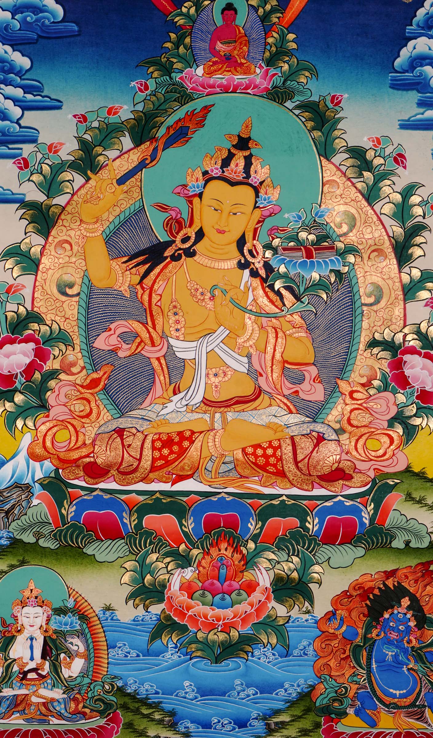 Manjushree Thangka from Nepal hand-painted with 24k gold, symbolizing wisdom, clarity, and enlightened knowledge.