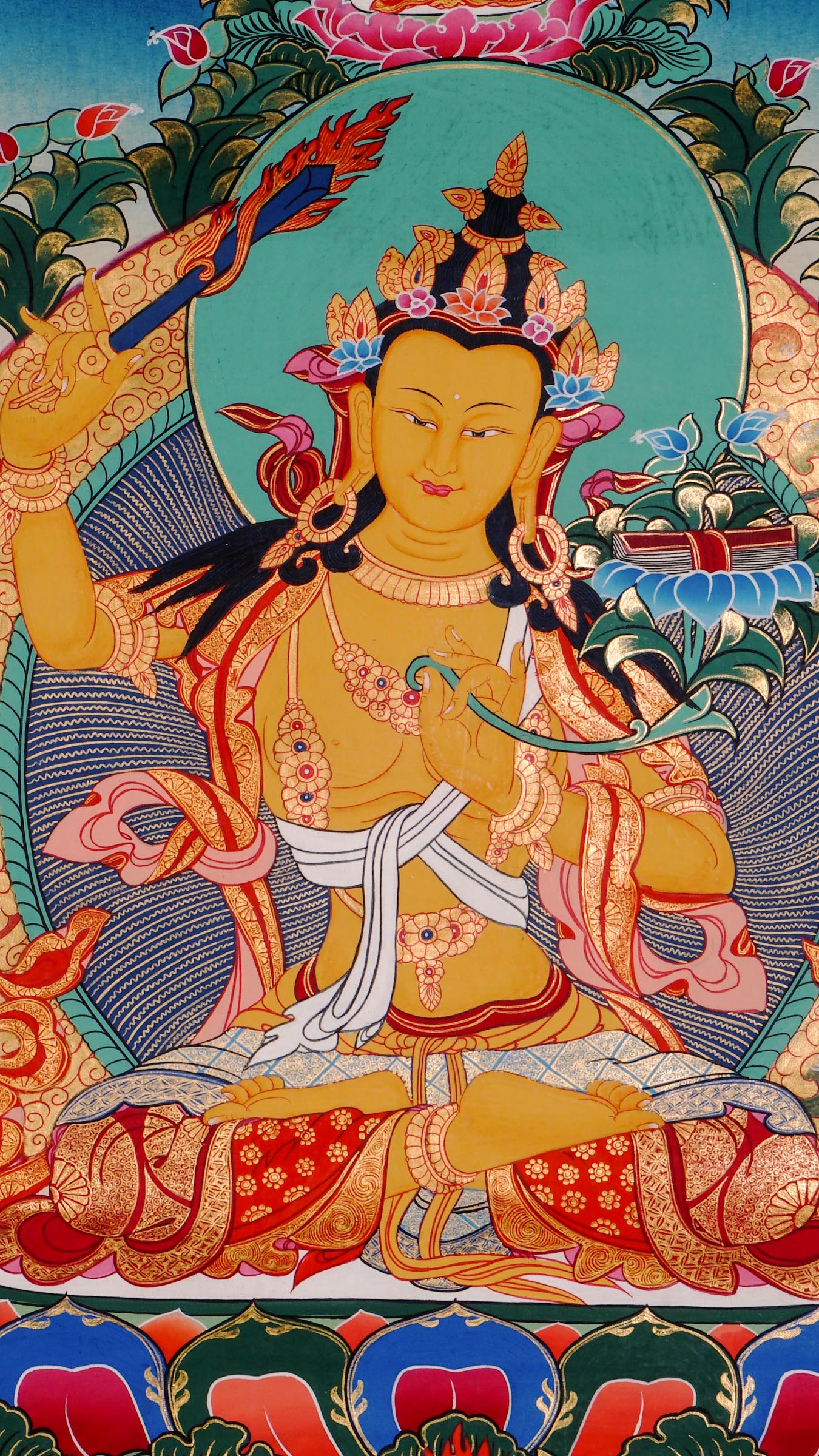 Manjushree Thangka from Nepal hand-painted with 24k gold, symbolizing wisdom, clarity, and enlightened knowledge.