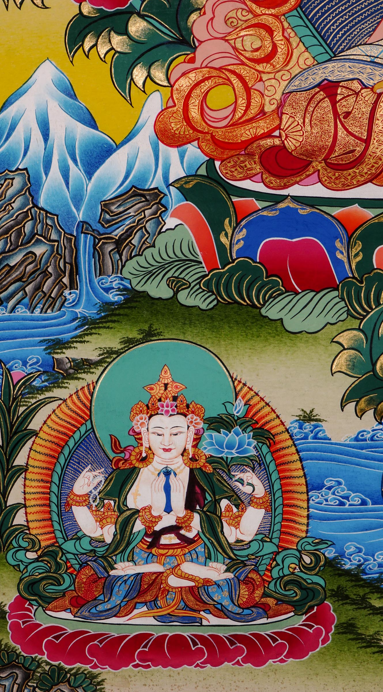 Manjushree Thangka from Nepal hand-painted with 24k gold, symbolizing wisdom, clarity, and enlightened knowledge.