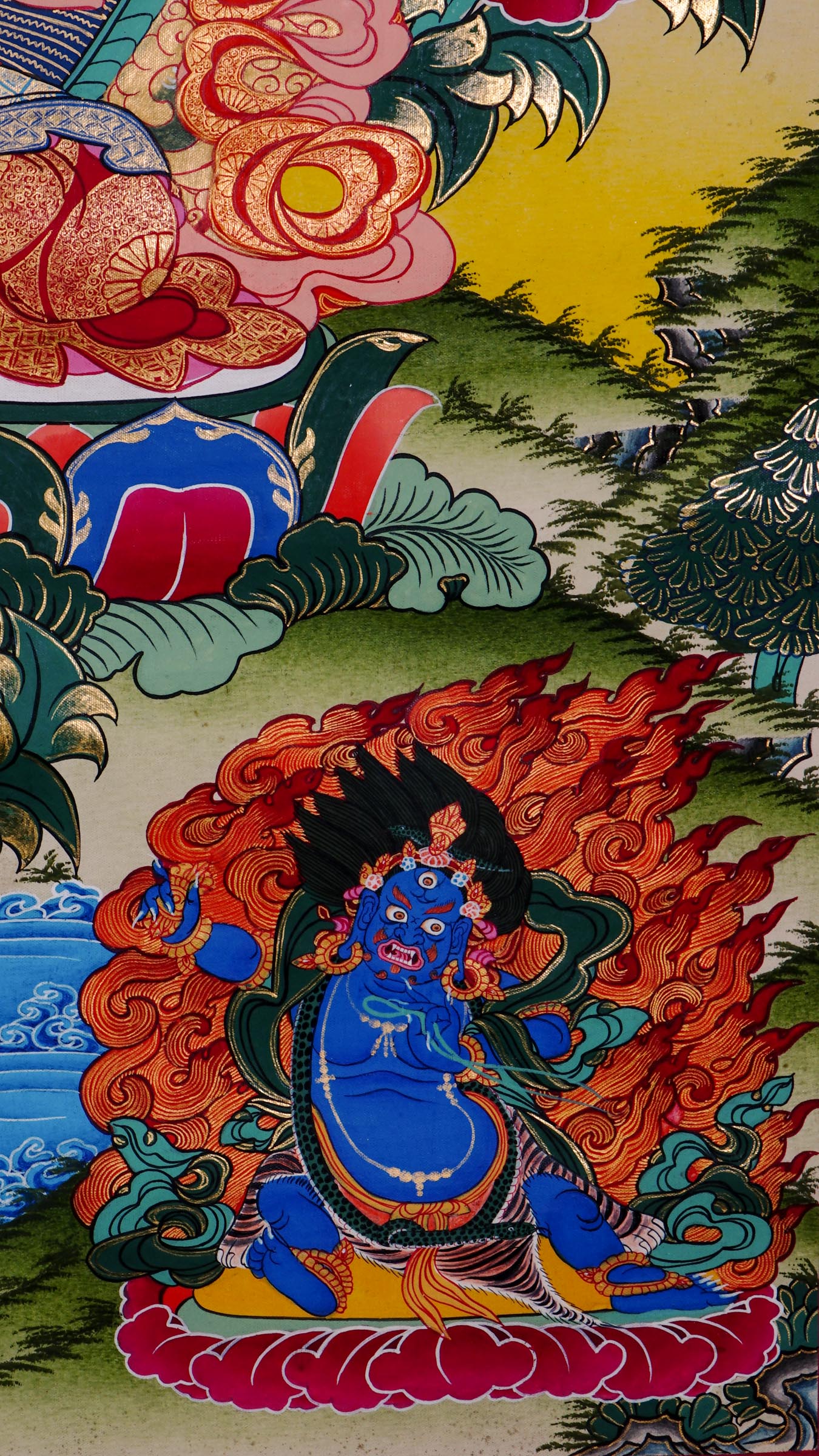 Manjushree Thangka from Nepal hand-painted with 24k gold, symbolizing wisdom, clarity, and enlightened knowledge.