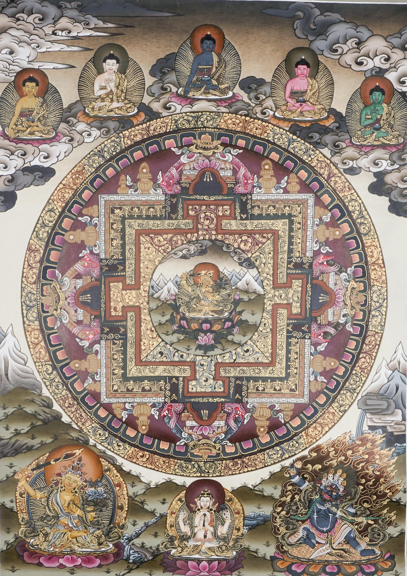 A sacred art of Manjushree Mandala in a Thangka, representing bodhisattva of compassion, hand-painted by skilled artisans using 24k gold and natural pigments.