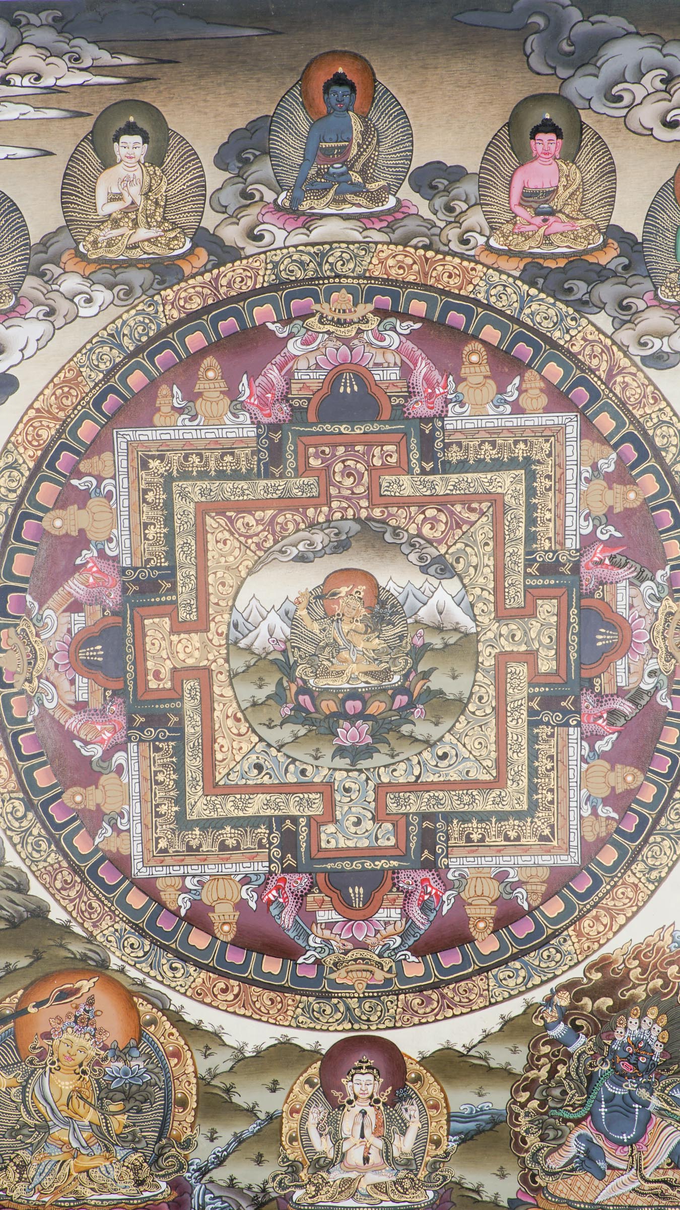 A sacred art of Manjushree Mandala in a Thangka, representing bodhisattva of compassion, hand-painted by skilled artisans using 24k gold and natural pigments.