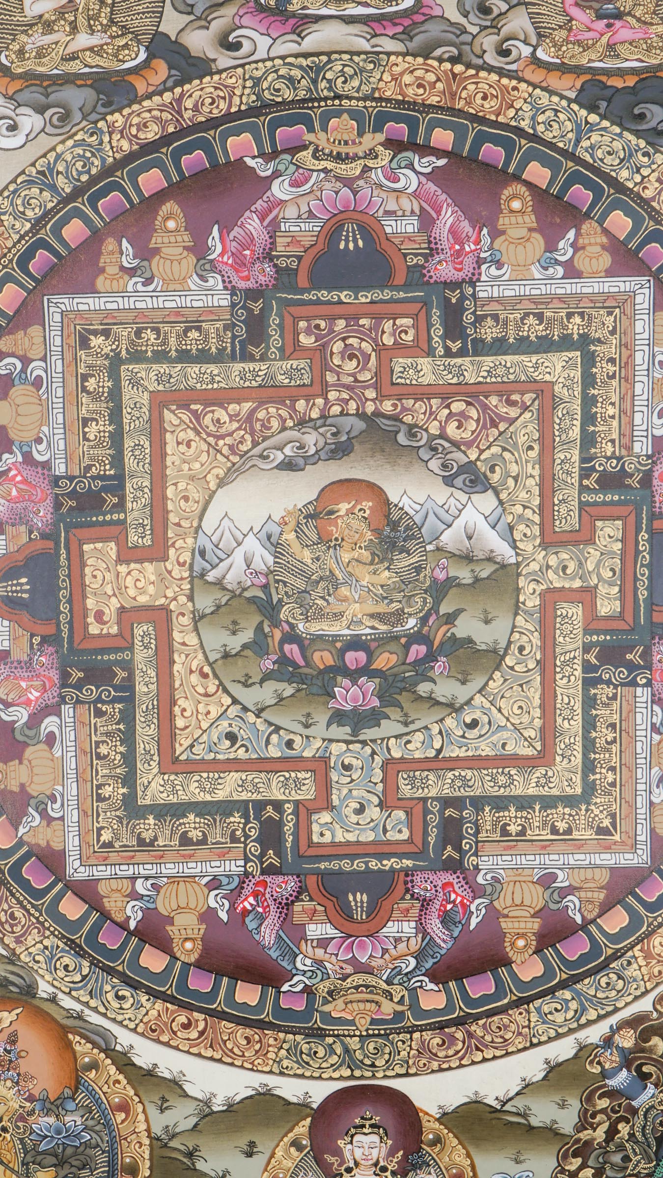 A sacred art of Manjushree Mandala in a Thangka, representing bodhisattva of compassion, hand-painted by skilled artisans using 24k gold and natural pigments.