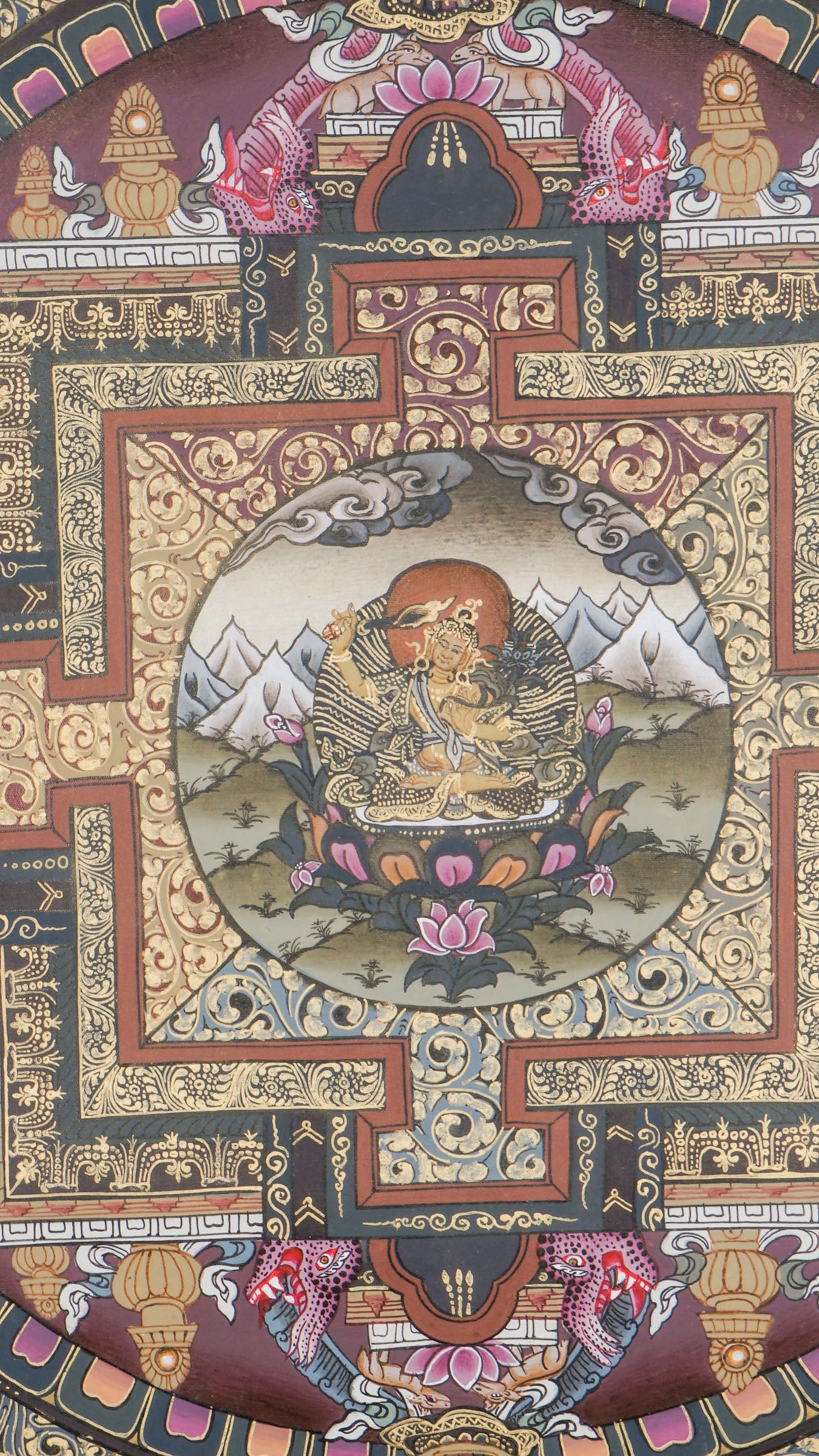 A sacred art of Manjushree Mandala in a Thangka, representing bodhisattva of compassion, hand-painted by skilled artisans using 24k gold and natural pigments.