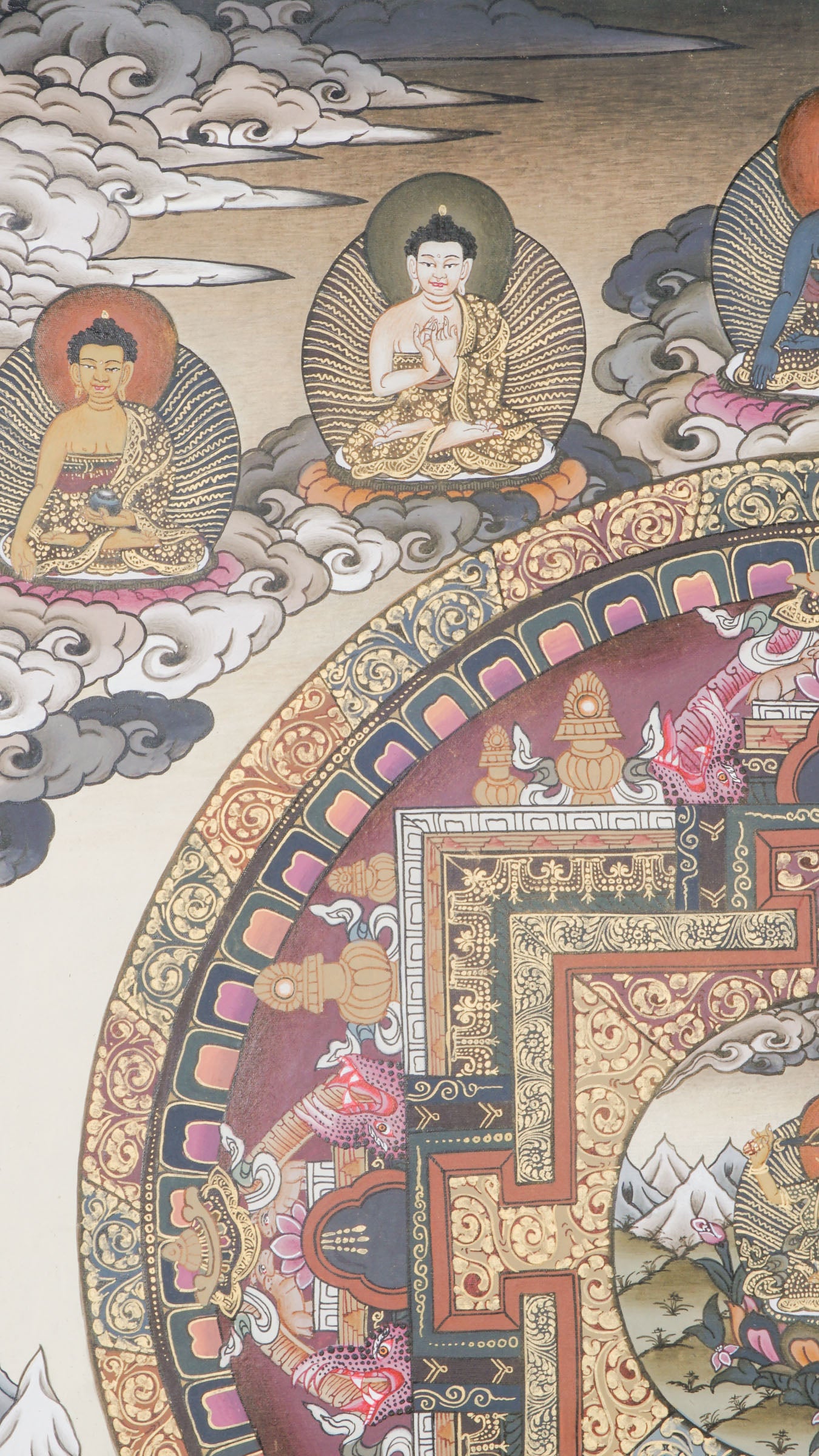 A sacred art of Manjushree Mandala in a Thangka, representing bodhisattva of compassion, hand-painted by skilled artisans using 24k gold and natural pigments.