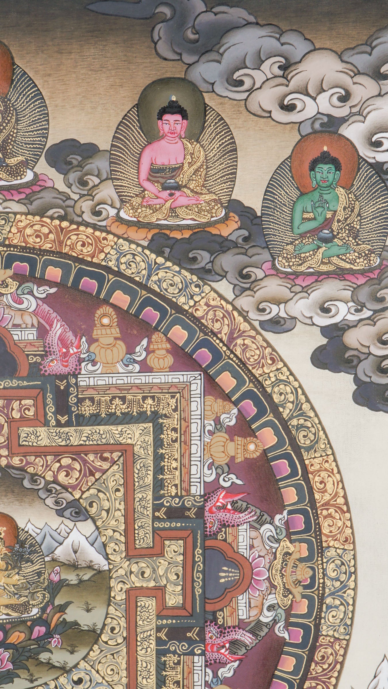 A sacred art of Manjushree Mandala in a Thangka, representing bodhisattva of compassion, hand-painted by skilled artisans using 24k gold and natural pigments.