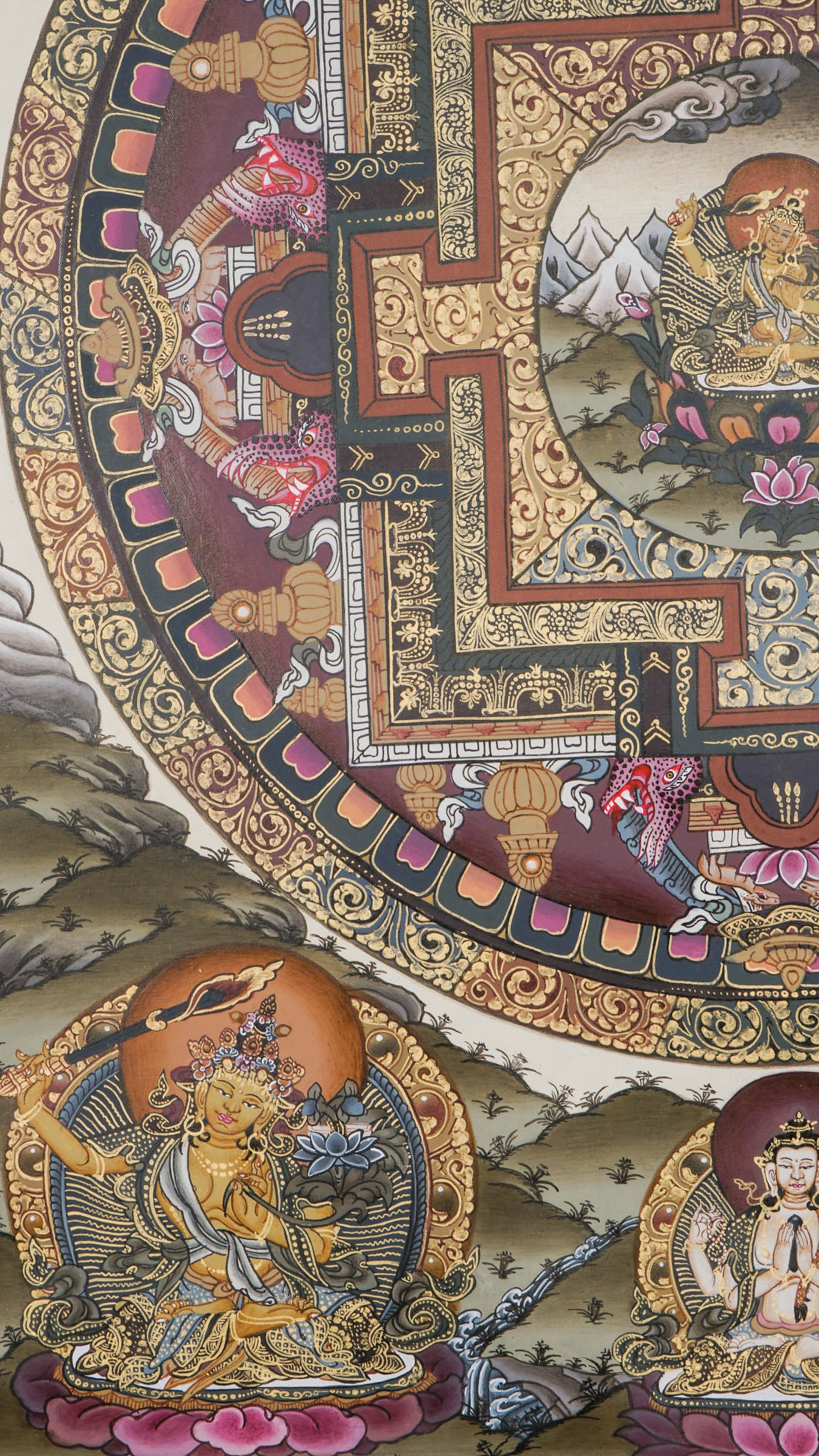 A sacred art of Manjushree Mandala in a Thangka, representing bodhisattva of compassion, hand-painted by skilled artisans using 24k gold and natural pigments.