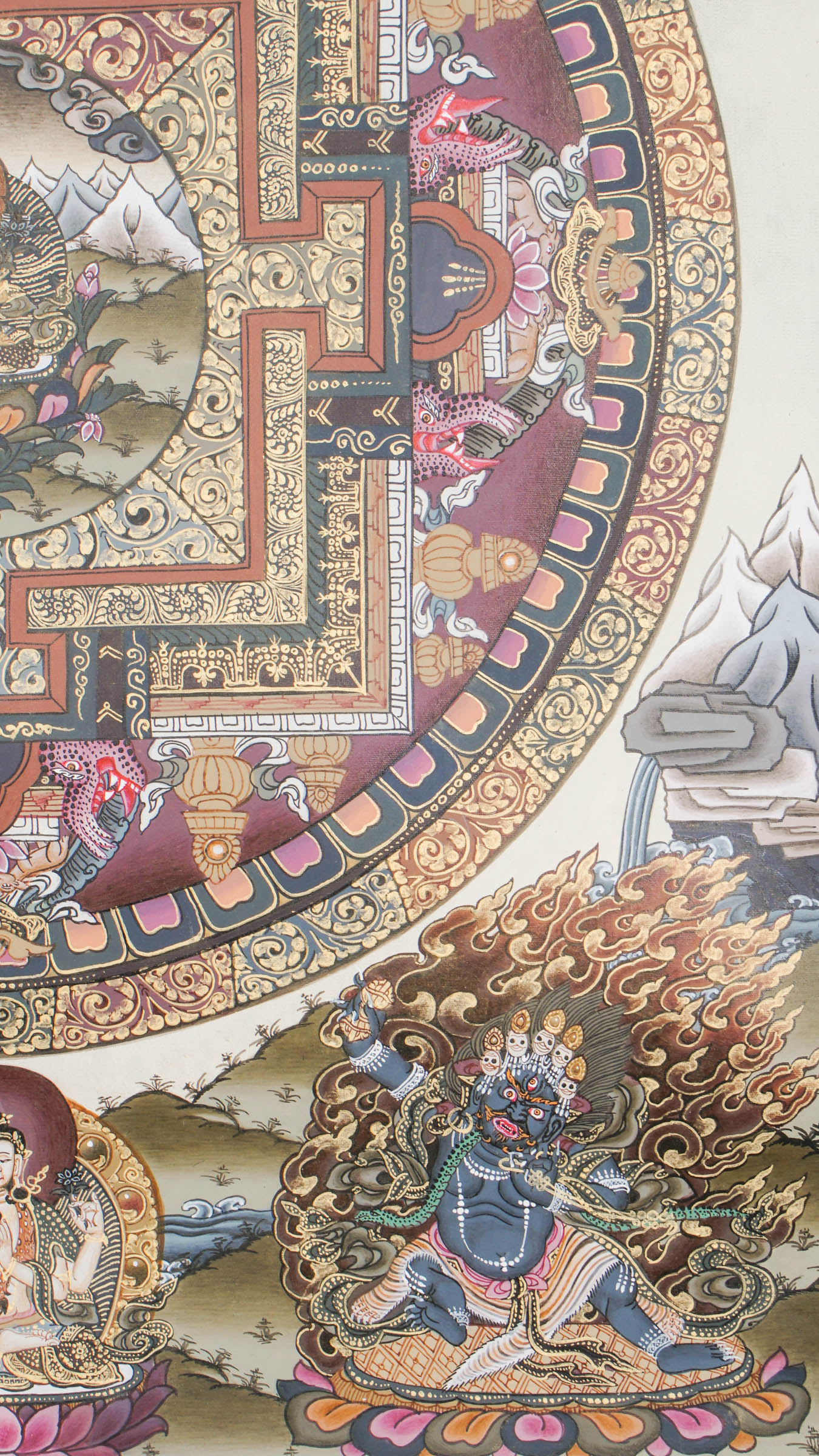 A sacred art of Manjushree Mandala in a Thangka, representing bodhisattva of compassion, hand-painted by skilled artisans using 24k gold and natural pigments.