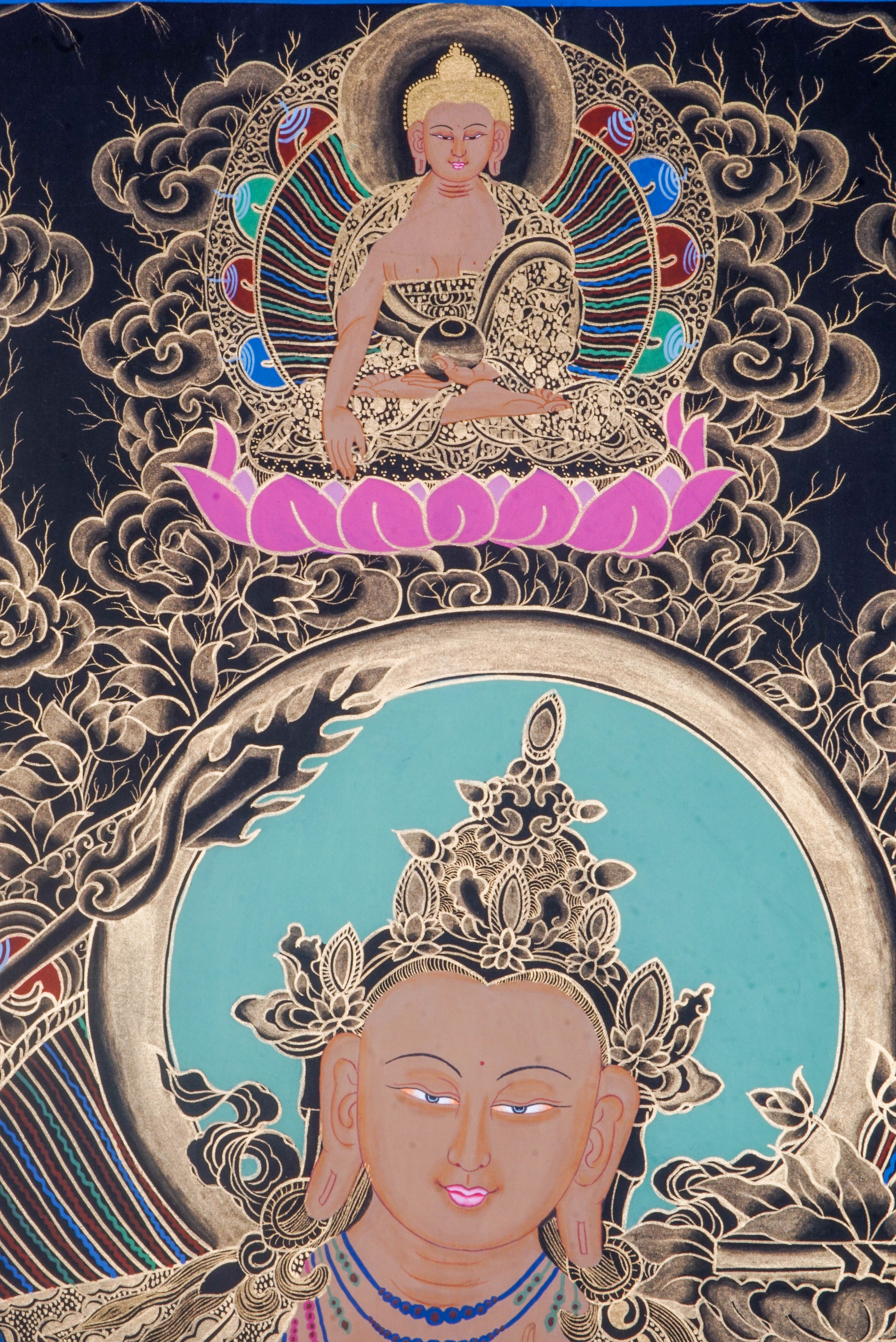 Manjushree Thangka depicts the Bodhisattva of Wisdom, holding a sword to cut ignorance and a scripture symbolizing Dharma knowledge. Hand-painted by skilled Tibetan artists using natural pigments, this sacred artwork inspires clarity, insight, and spiritual growth.
