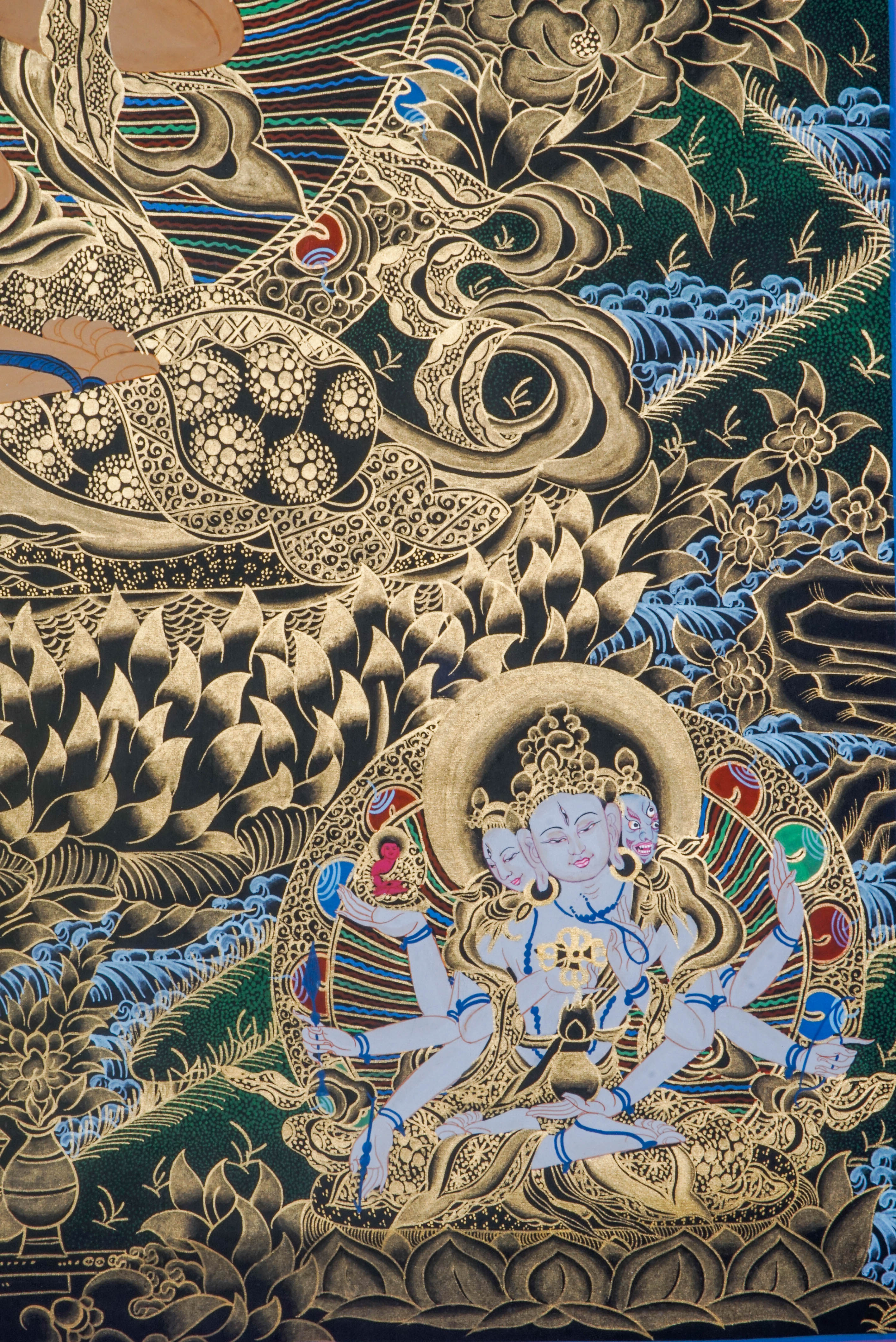 Manjushree Thangka depicts the Bodhisattva of Wisdom, holding a sword to cut ignorance and a scripture symbolizing Dharma knowledge. Hand-painted by skilled Tibetan artists using natural pigments, this sacred artwork inspires clarity, insight, and spiritual growth.
