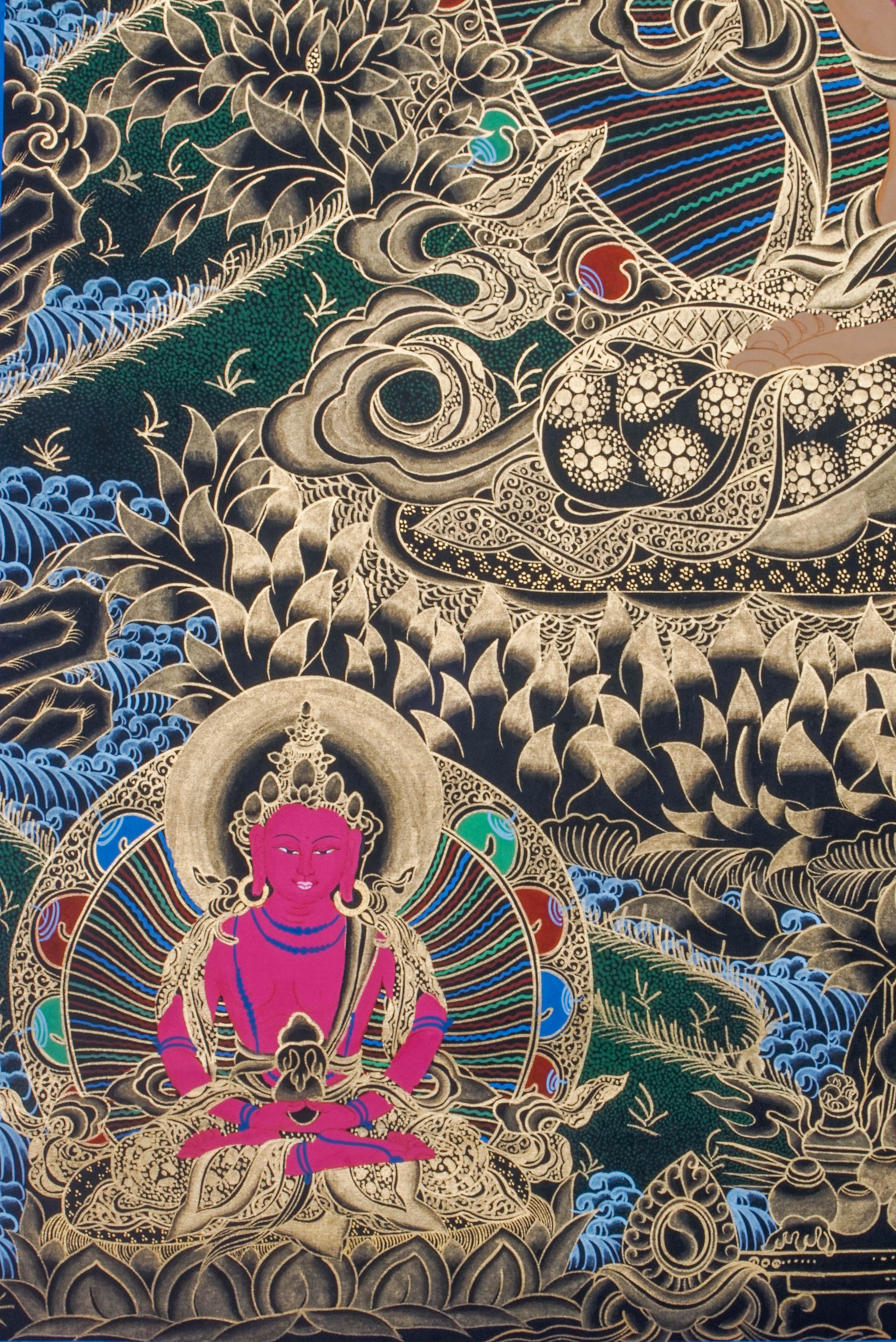 Manjushree Thangka depicts the Bodhisattva of Wisdom, holding a sword to cut ignorance and a scripture symbolizing Dharma knowledge. Hand-painted by skilled Tibetan artists using natural pigments, this sacred artwork inspires clarity, insight, and spiritual growth.
