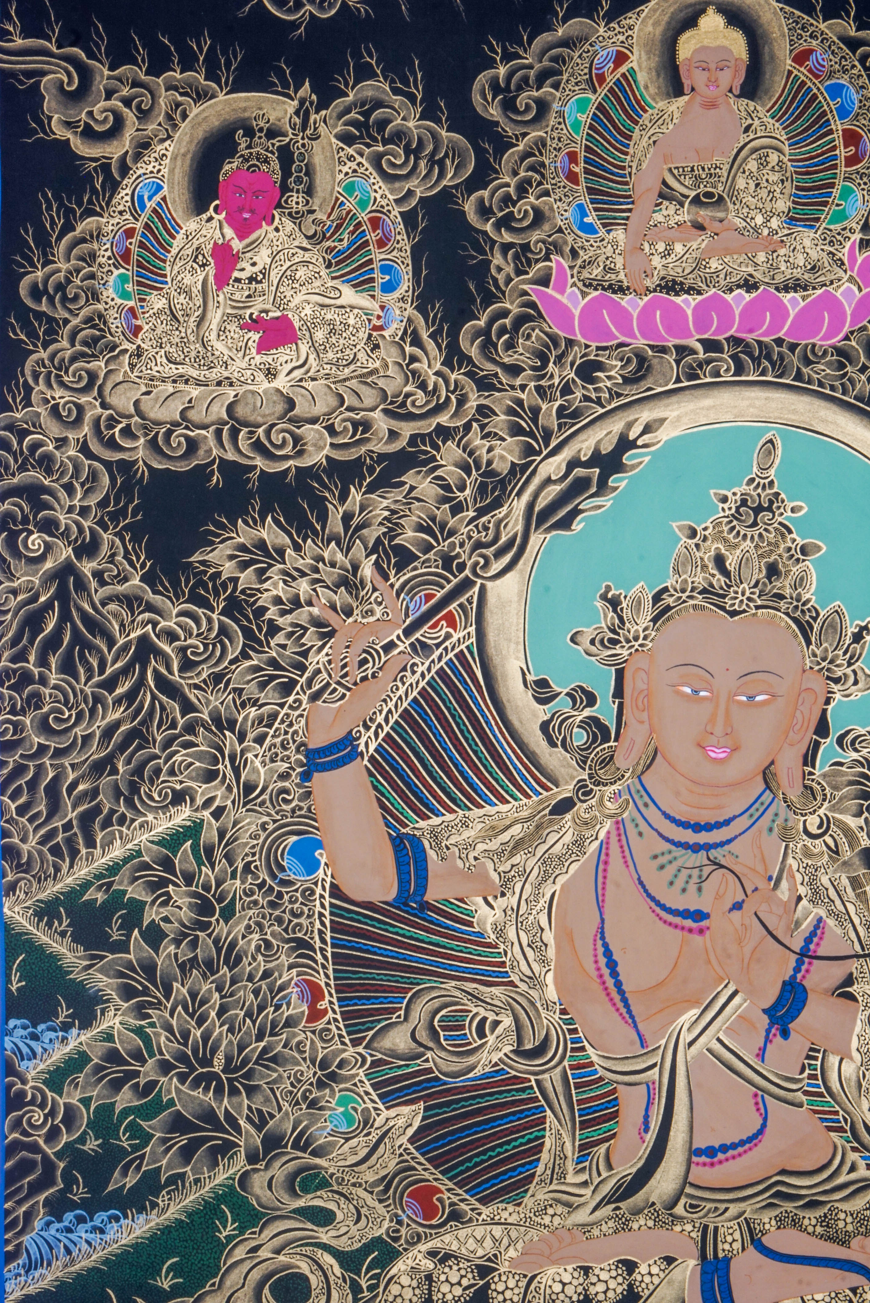 Manjushree Thangka depicts the Bodhisattva of Wisdom, holding a sword to cut ignorance and a scripture symbolizing Dharma knowledge. Hand-painted by skilled Tibetan artists using natural pigments, this sacred artwork inspires clarity, insight, and spiritual growth.