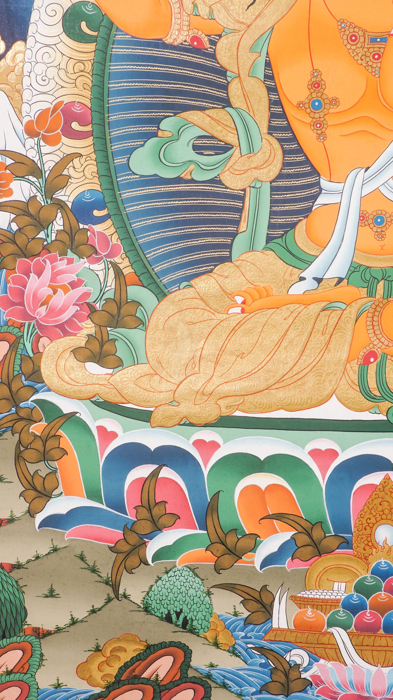 The Manjushree Thangka depicting the Bodhisattva of Wisdom seated on a lotus, holding a sword and a scripture.