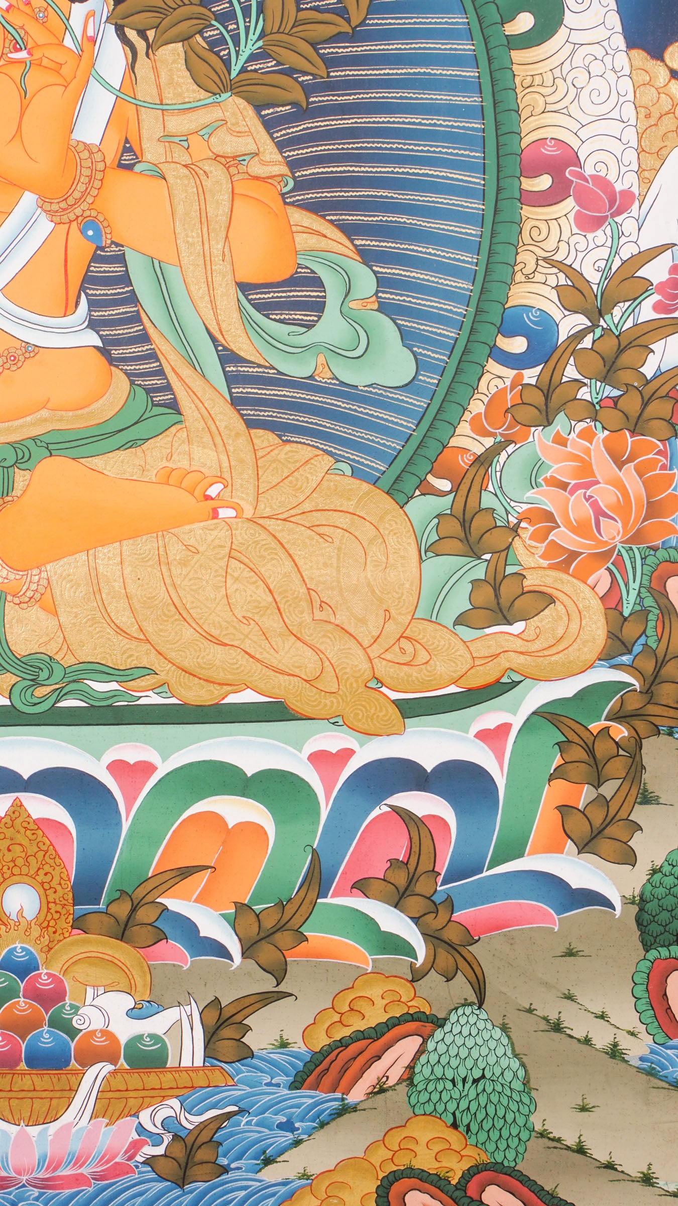 The Manjushree Thangka depicting the Bodhisattva of Wisdom seated on a lotus, holding a sword and a scripture.