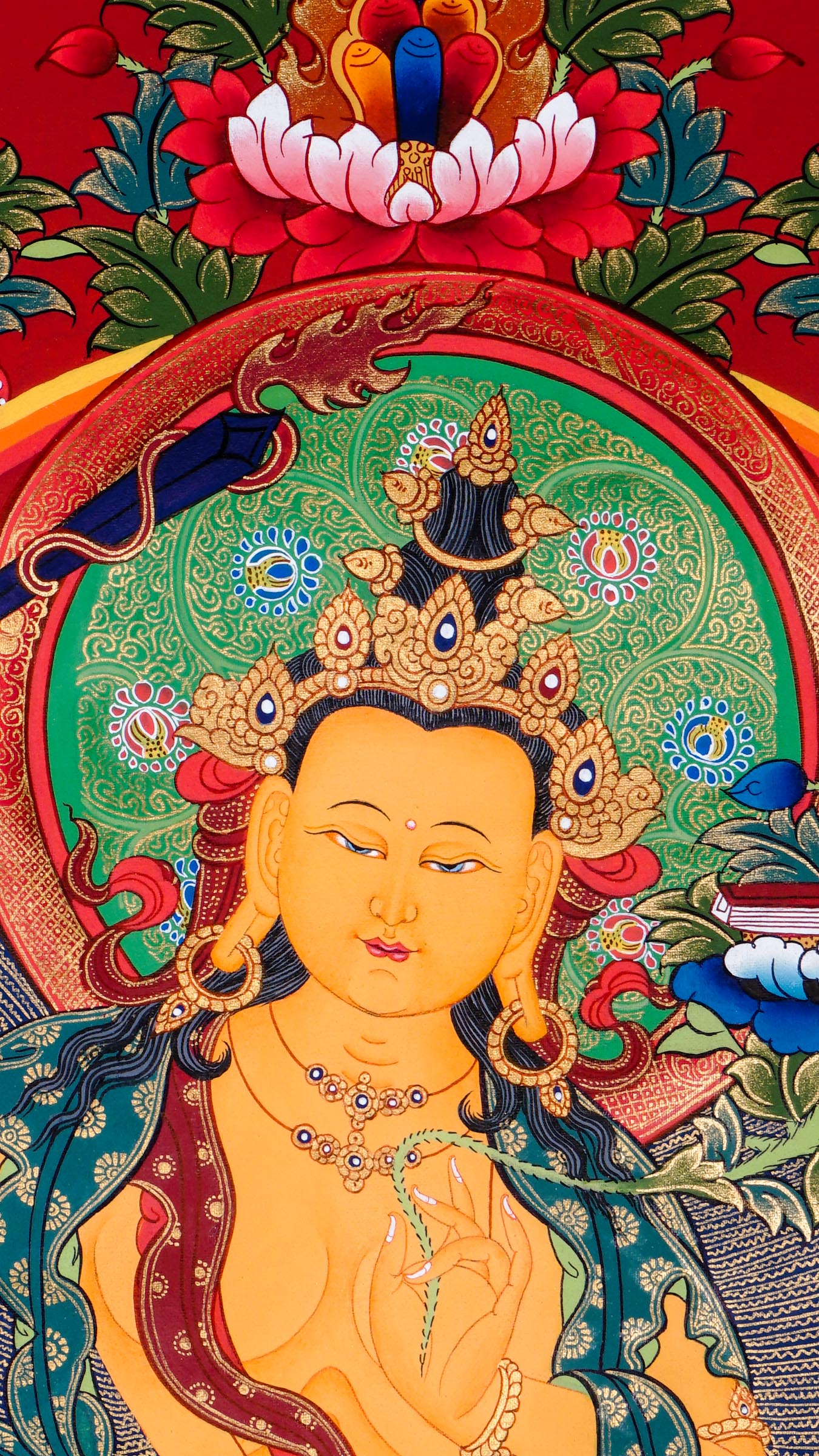 Tibetan thangka of Manjushree seated on a lotus throne holding a flaming sword and Prajnaparamita sutra, surrounded by a radiant halo and serene background.