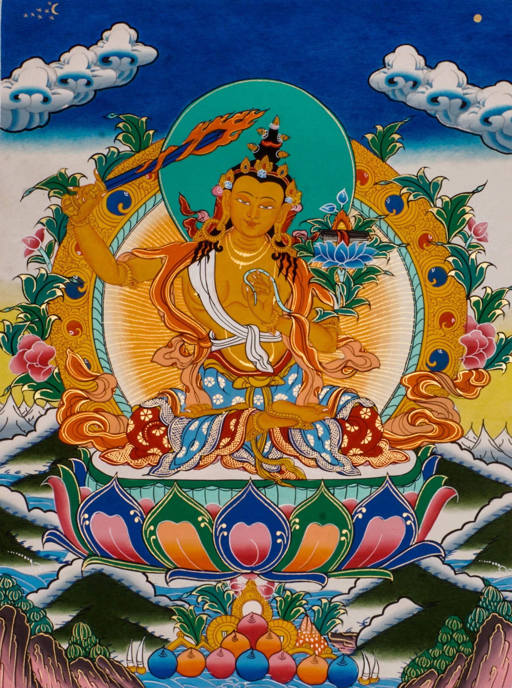 Manjushree Thangka - Hand-painted beautiful thangka art showcasing Manjushree holding a flaming sword using 24k gold and natural pigments in Nepal.