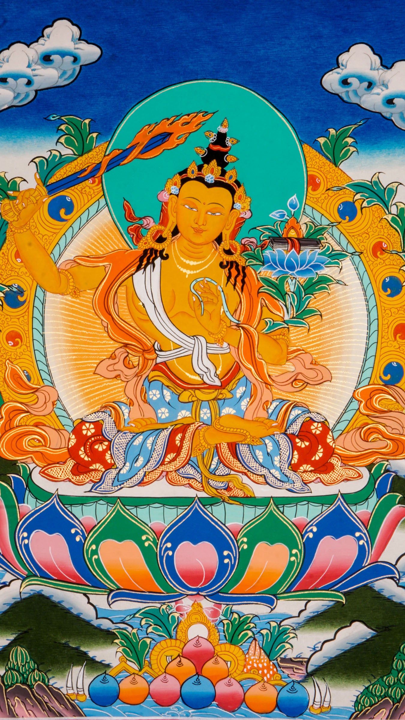 Manjushree Thangka - Hand-painted beautiful thangka art showcasing Manjushree holding a flaming sword using 24k gold and natural pigments in Nepal.
