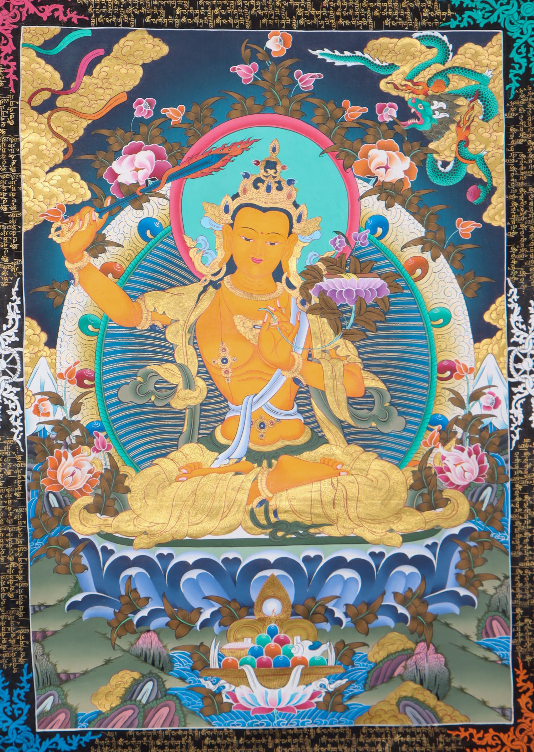 This genuine Manjushri Thangka captures the Bodhisattva of wisdom holding his iconic sword and scripture, symbolizing the power to cut through ignorance and reveal ultimate truth. Hand-painted with natural mineral pigments on canvas, it is a powerful spiritual tool for those seeking clarity, insight, and enlightenment.