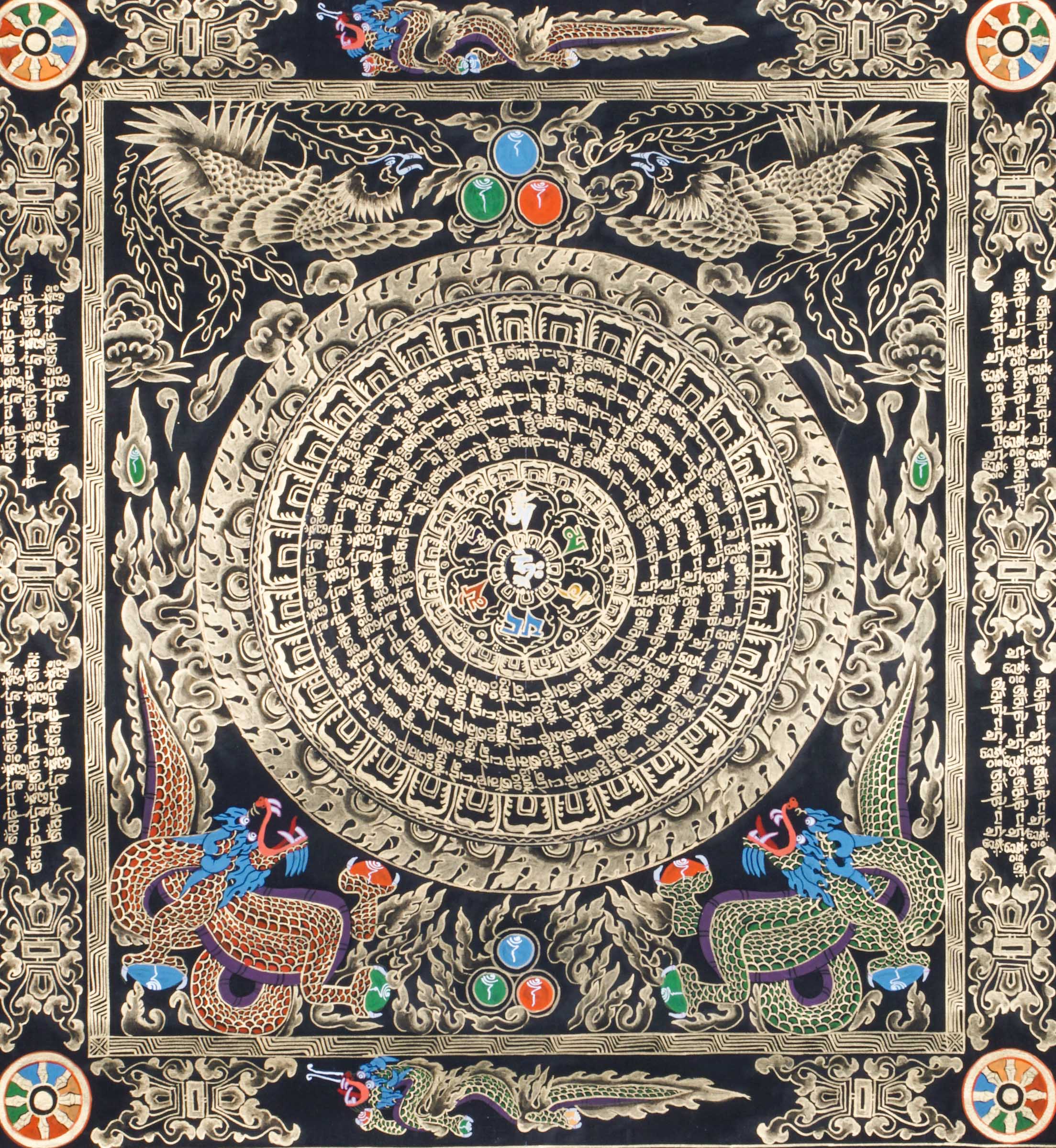 Tibetan mantra mandala thangka with concentric rings of sacred script surrounding a central symbol, framed by dragons and ornate gold detailing on a black background.