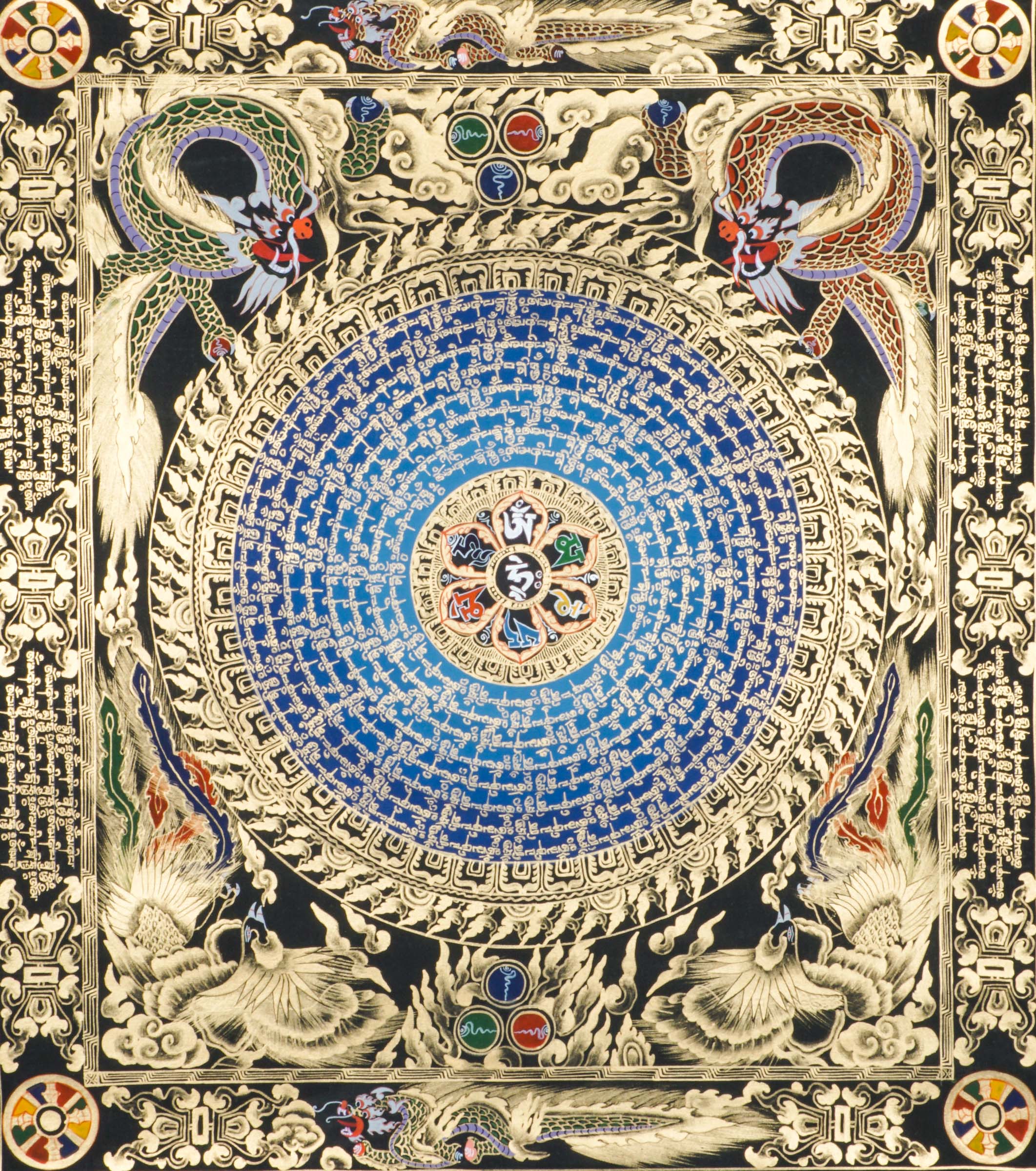 A Mantra Mandala Thangka is a powerful spiritual artwork that combines intricate mandala patterns with sacred Buddhist mantras. Rooted in Tibetan and Himalayan traditions, this thangka serves as both a meditative tool and a symbol of universal harmony.