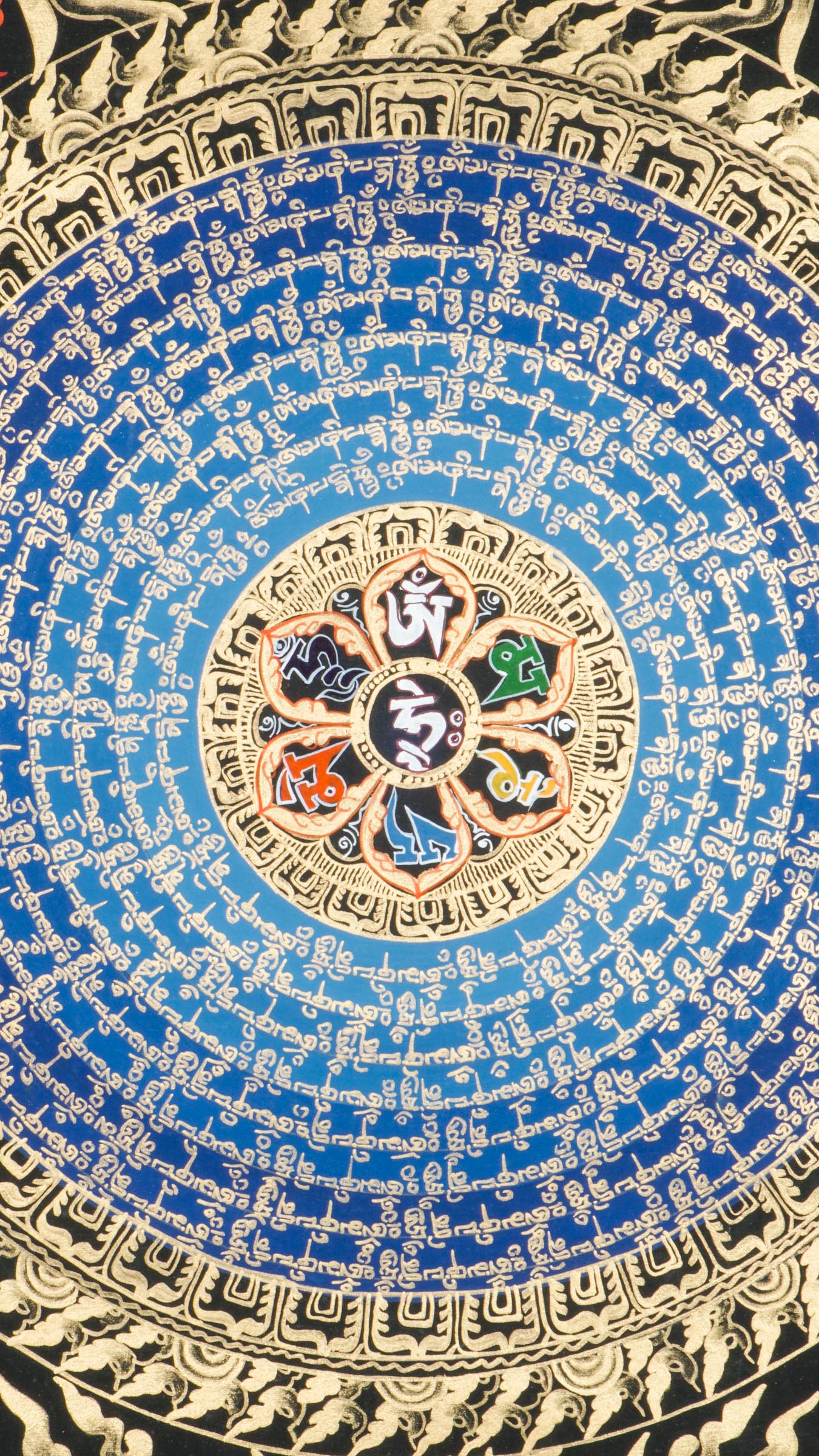 A Mantra Mandala Thangka is a powerful spiritual artwork that combines intricate mandala patterns with sacred Buddhist mantras. Rooted in Tibetan and Himalayan traditions, this thangka serves as both a meditative tool and a symbol of universal harmony.