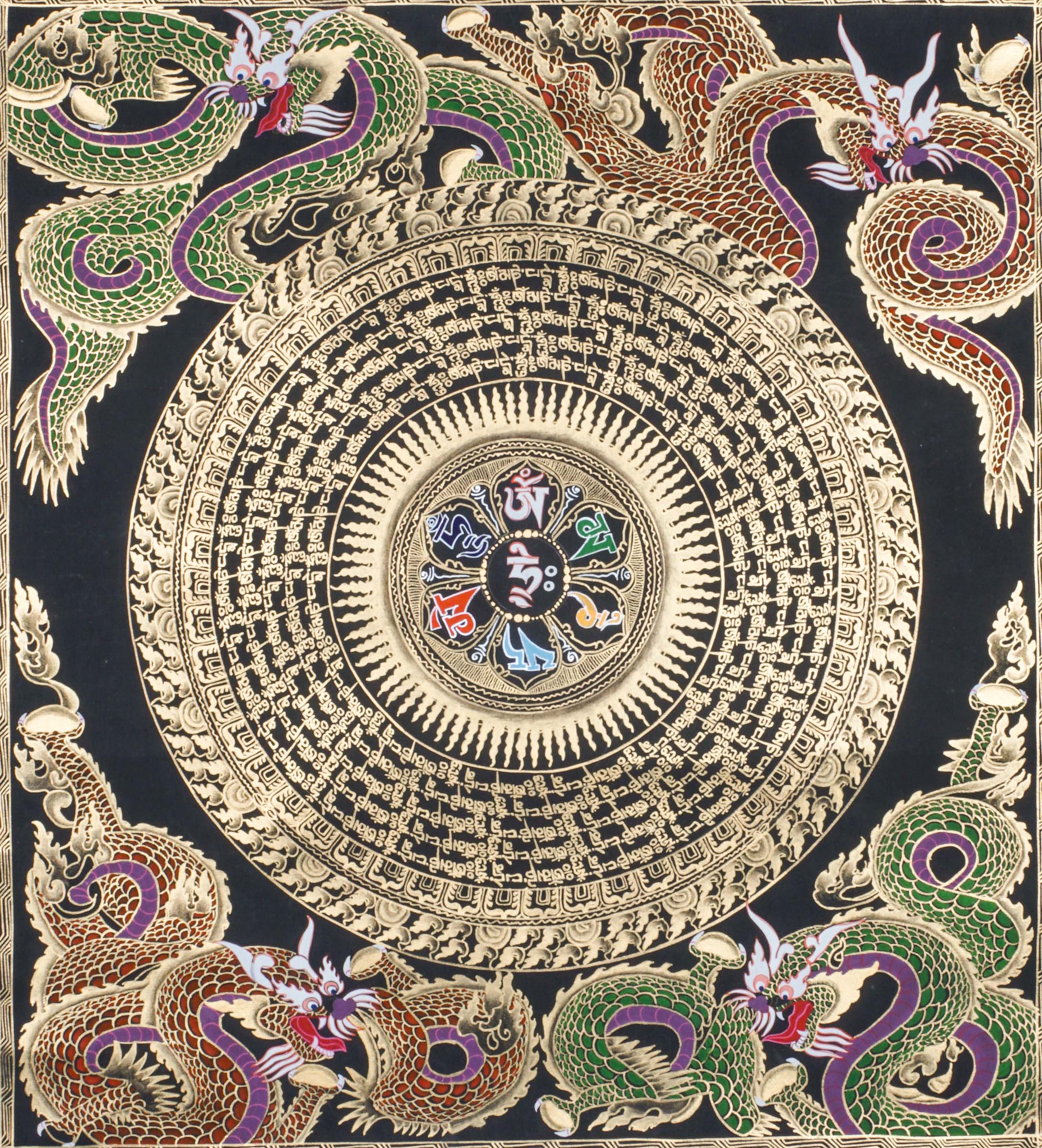 Dragon Mantra Mandala - OM Mani Padme Hum on Black and Gold Color