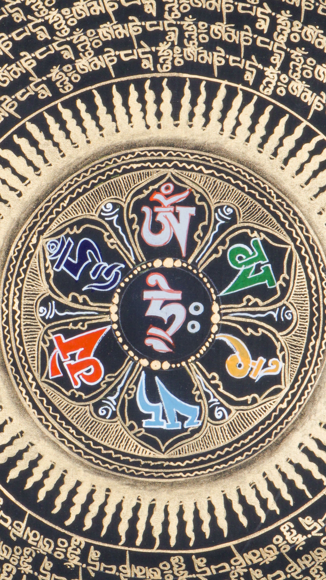 Dragon Mantra Mandala - OM Mani Padme Hum on Black and Gold Color