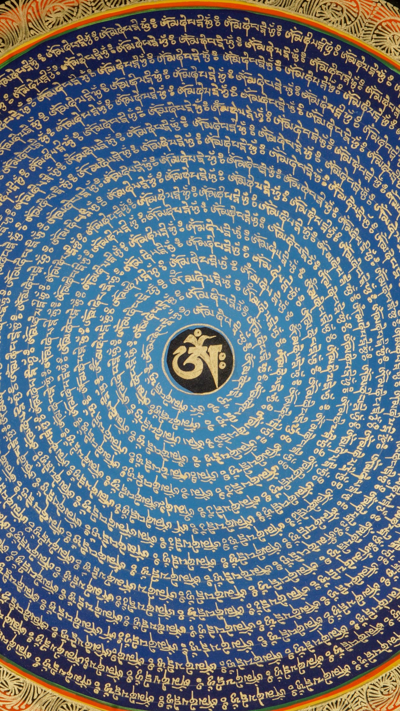 Om Mani Padme Hum Thangka Art for meditation and spiritual practice with black, blue and gold color.