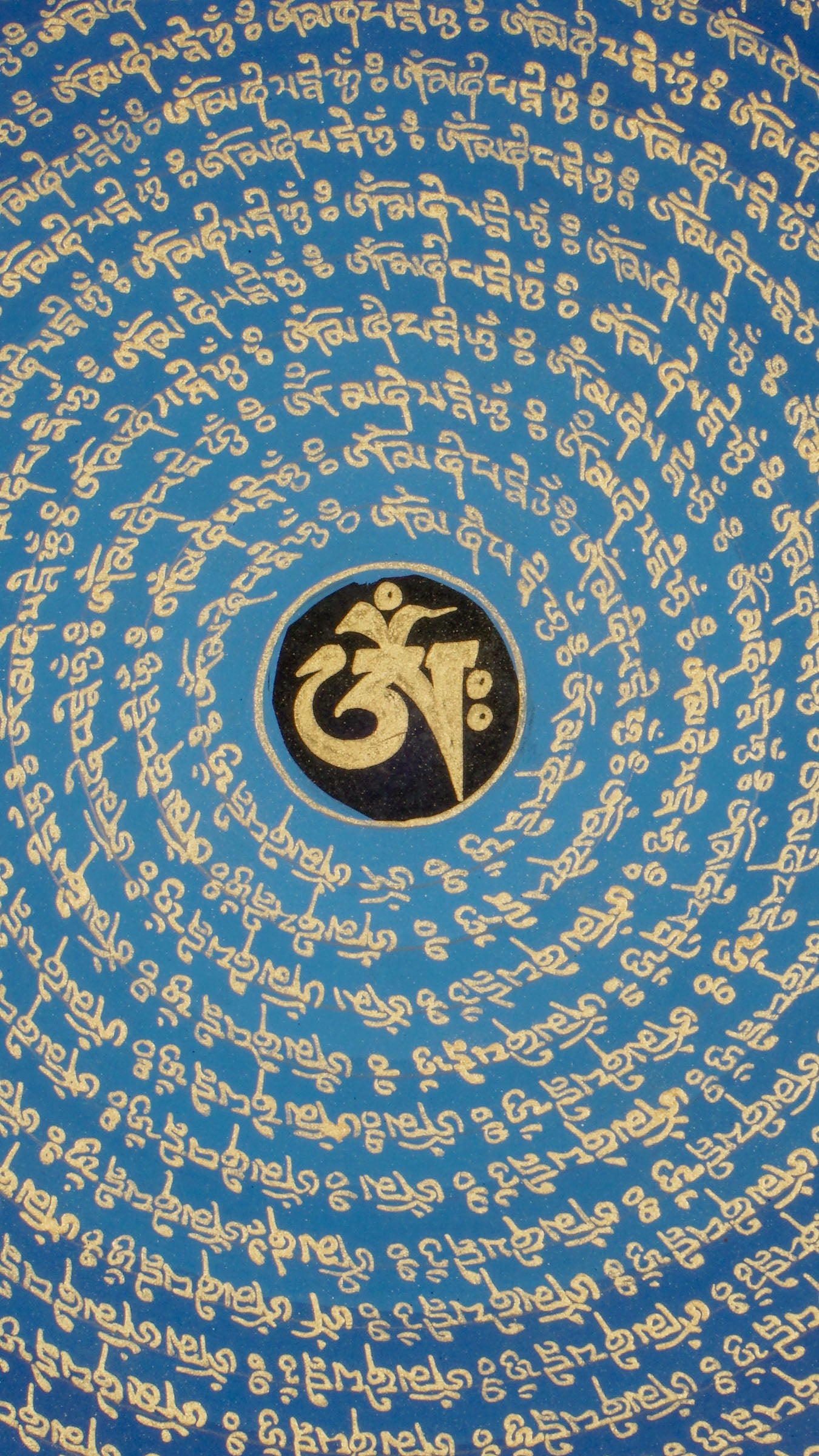 Om Mani Padme Hum Thangka Art for meditation and spiritual practice with black, blue and gold color.